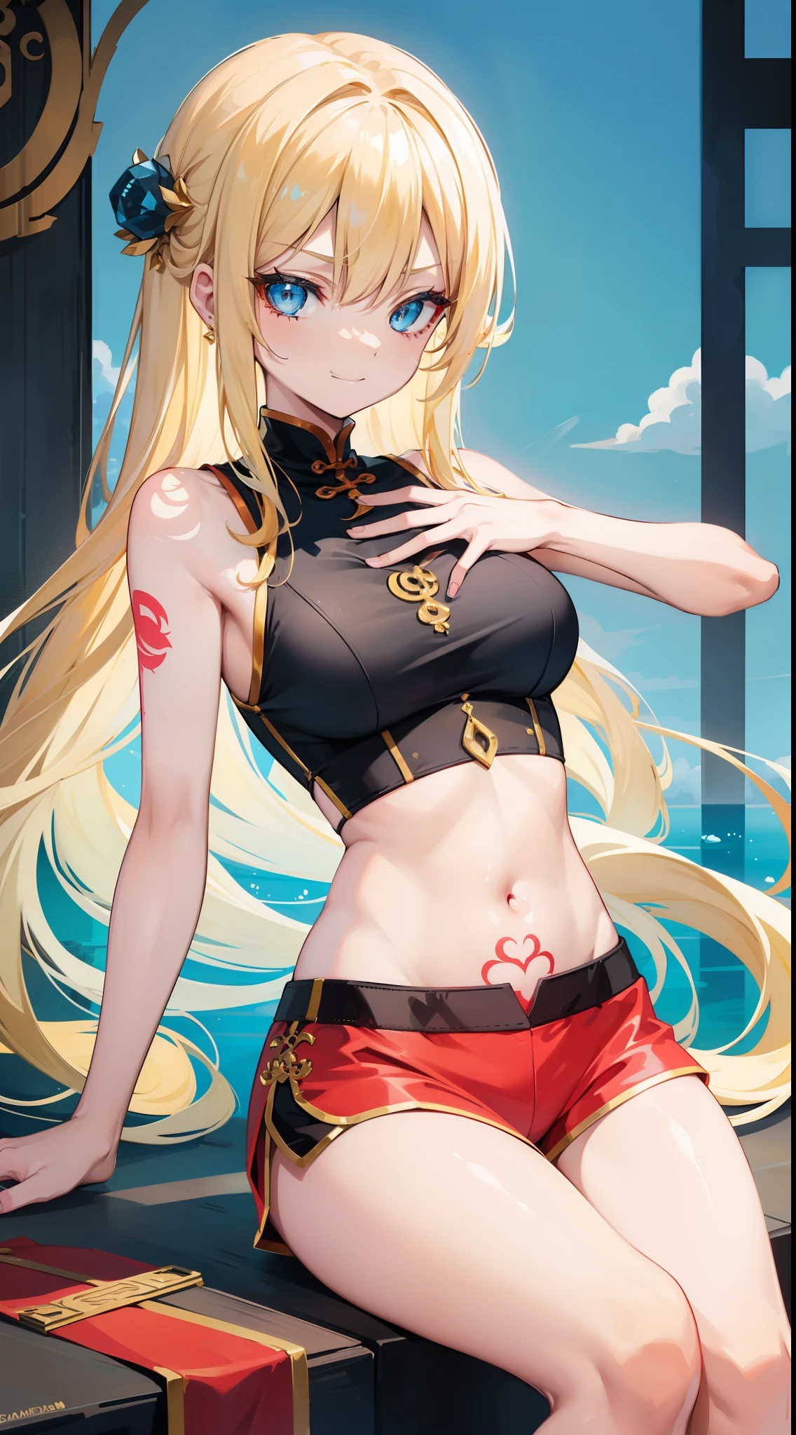 young girl, longue blonde hair, Cyan eyes, Tatoo, smirk, Red Chinese Top, Sleeveless, neckline on the chest, open breasts, Gold Elements, Shorts, tmasterpiece, hiquality