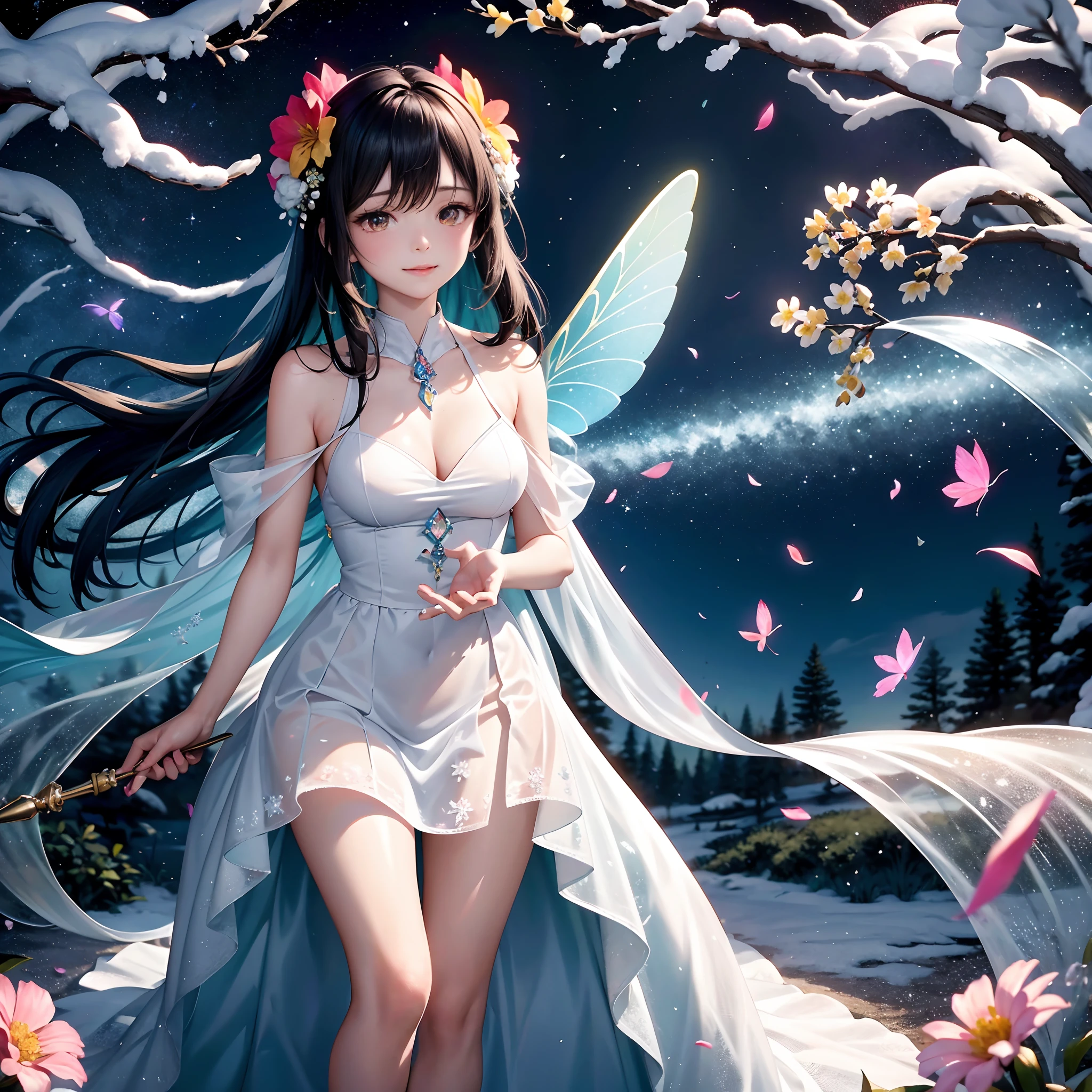 ,masterpiece, best quality,8k, ultra highres,In a sea of flowers sprinkled in the sun,On emerald meadows,Colorful flowers compete to bloom。A gentle breeze blows the petals,The sweet floral fragrance fills the air。Distance,A fairy flew lightly,She wore a thin petal dress,The brilliant colors are dazzling。She has colorful wings,Each piece shimmers with a different light,It's like a shooting star in the sky。The fairy holds a magic wand in his hand,Made like crystal,shimmering with an enigmatic twinkle。Colorful wings,Magic wand,Flowers,falling leaf,masterpiece, ((detailed beautiful snow forest with trees)), ((snowflakes)),