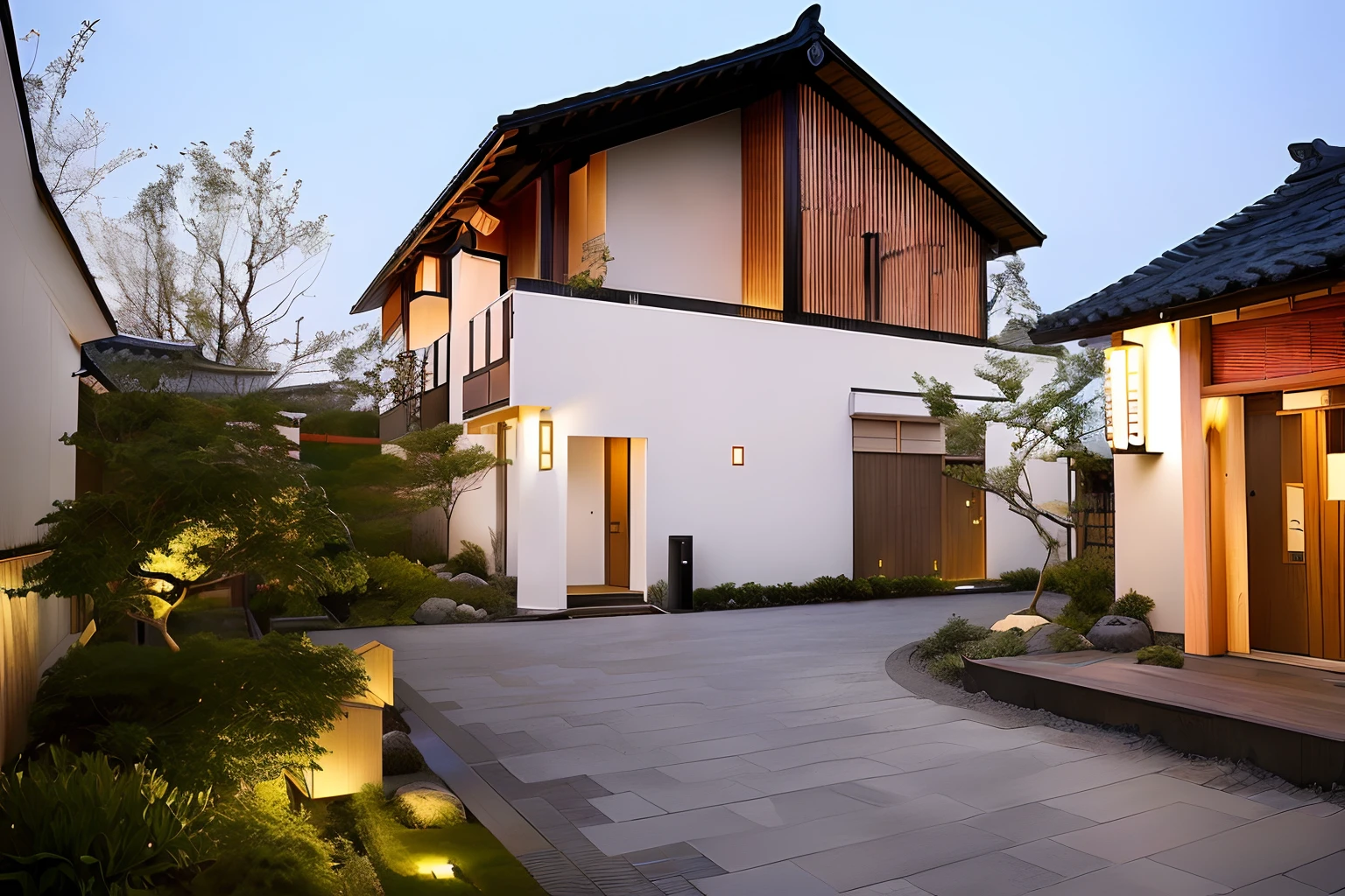 There is a small yard,With the lights on,The background is a house, Japanese style houses, passive house, arhitectural shot, external view, Japanese architecture, Exterior design, low angle shot, low angle shot, contemporary house, Modern house, Japanese style, house and home, author:Ma Yuanyu, allure, beatiful house