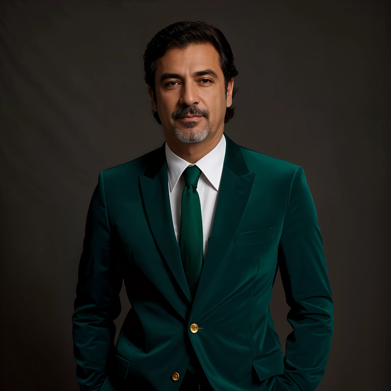 Retrato de um homem bonito de 40 anos, Terno de veludo verde, camisa branca, sem farpa com gracata. Em um fundo esmeralda