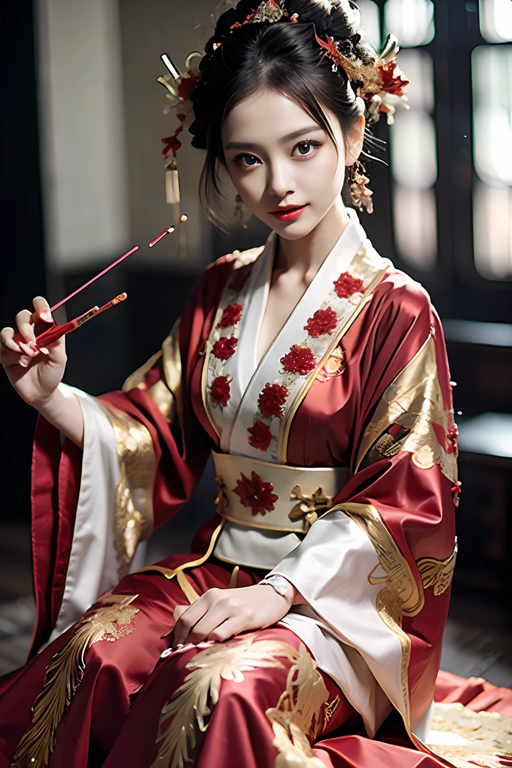 (ultra realistic 8k CG:1.2),perfect artwork,delicate pattern,intricate detail, (unparalleled masterpiece,best quality:1.2),(extremely intricate:1.2),a woman in a red and gold dress, Phoenix crown,hair stick,(sitting on red bed),Cosmetic,blush,shy,black_hair, looking down, Cosmetic,(forehead dot),(2 red candles), chinese_clothes, curtains, earrings, hair_ornament, hanfu, indoors, jewelry, red nails, long_sleeves, red dress, red lips, tassel, (Red quilt),(red palace:1.2),(ancient Chinese architecture),(red:1.8),night