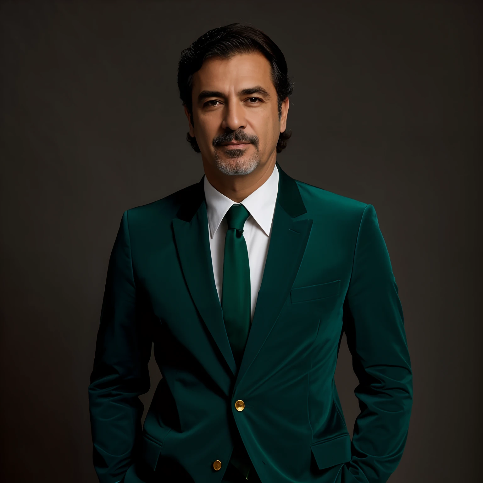 Retrato de um homem bonito de 40 anos, Terno de veludo verde, camisa branca, sem farpa com gracata. Em um fundo esmeralda