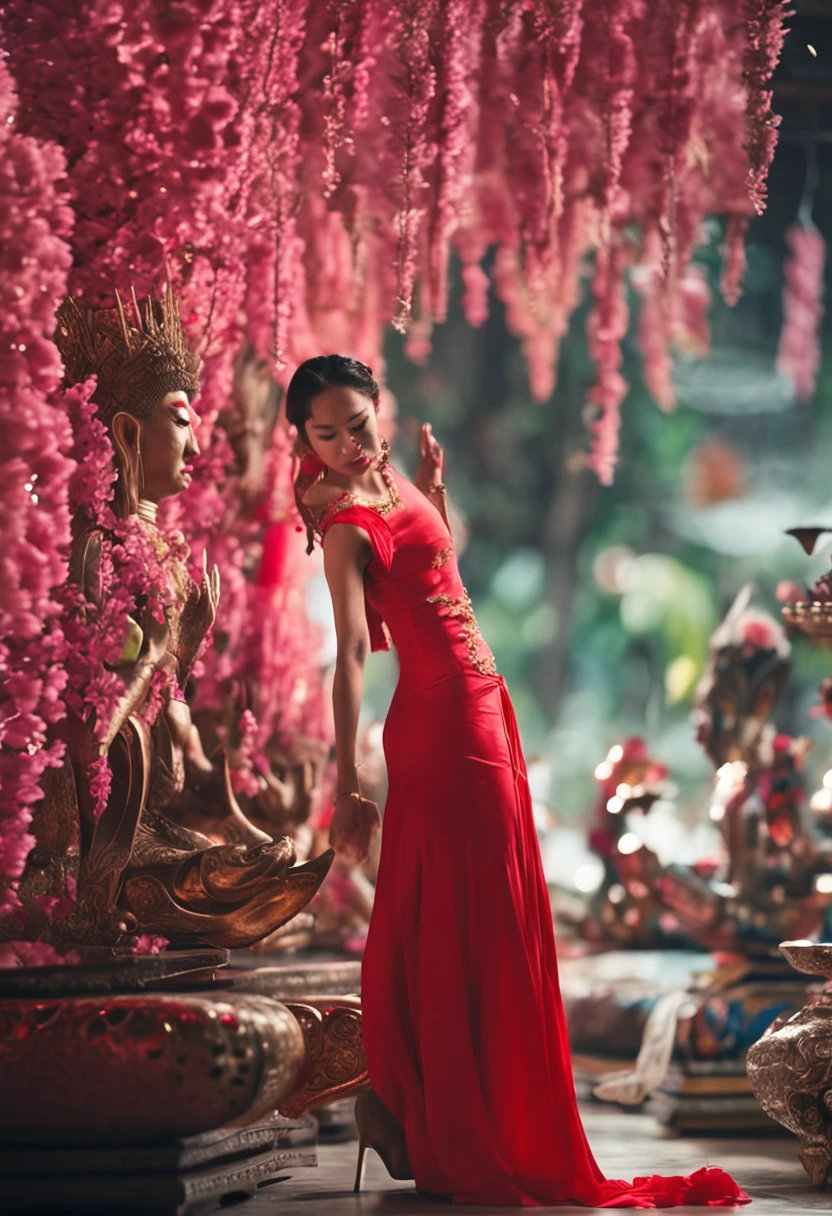 Thai fairy, red Thai dress, 20 years old, wearing white high heels, golden hair.