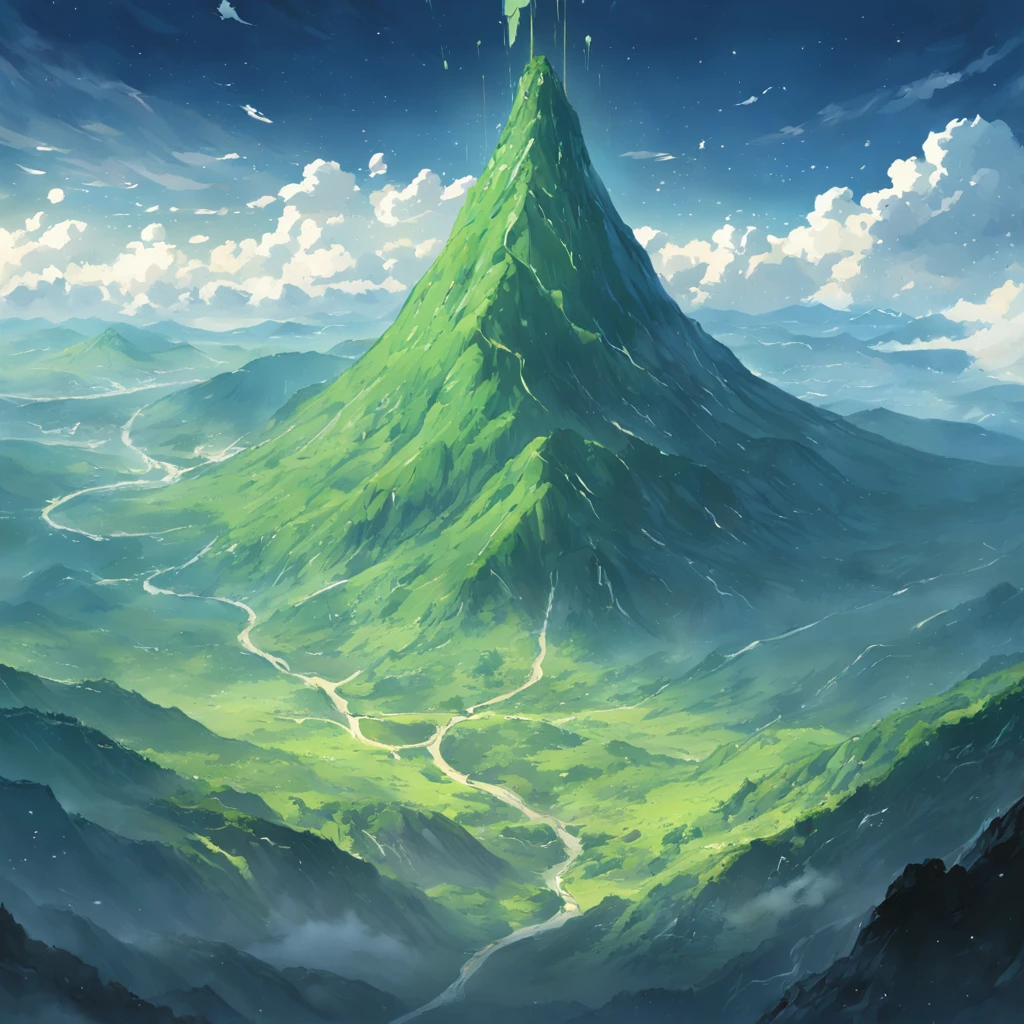 tmasterpiece,best qualityer,scenecy,green mountains,A large green mountain in the shape of pudding,There is a mountain road leading to the summit, volcanoes, Aerial view of the mountain,Skysky