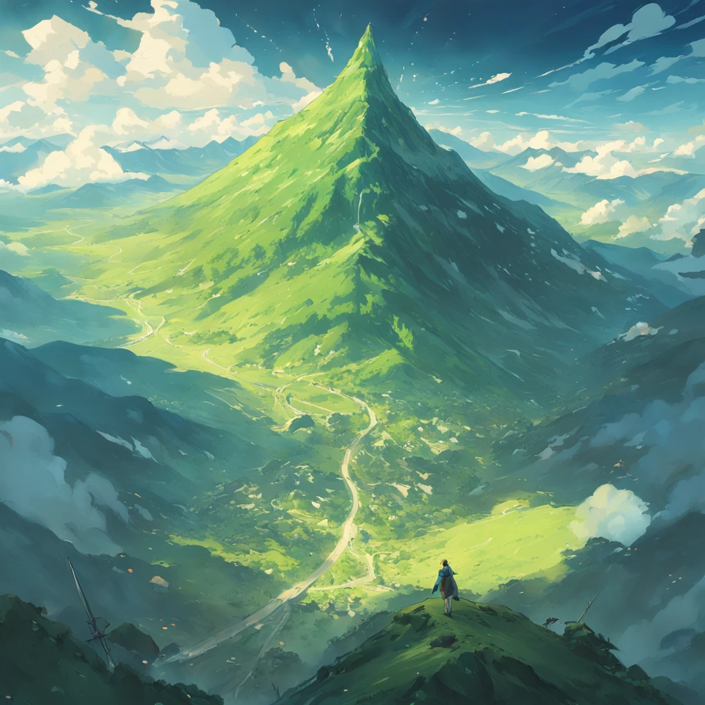 tmasterpiece，best qualityer，scenecy，green mountains，A large green mountain in the shape of pudding，There is a mountain road leading to the summit， volcanoes, Aerial view of the mountain，Skysky
