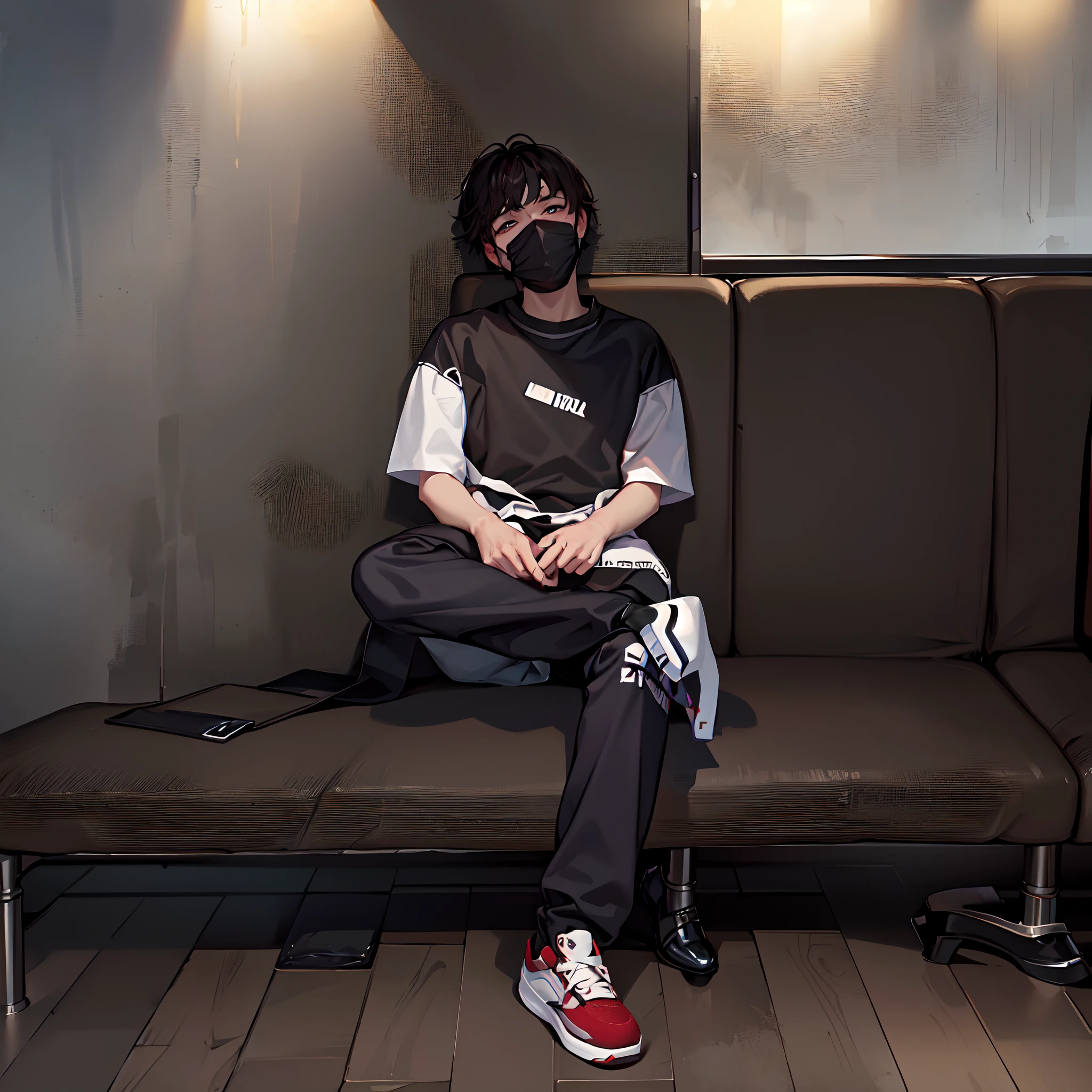 there is a man sitting on a bench wearing a mask, hyung tae, cai xukun, masked person in corner, wearing mask, taejune kim, sitting down casually, sitting in a cafe alone, taehyung eating gucci fries, sittin, profile pic, profile picture 1024px, shinji, jungkook, sitting in a lounge, profile image