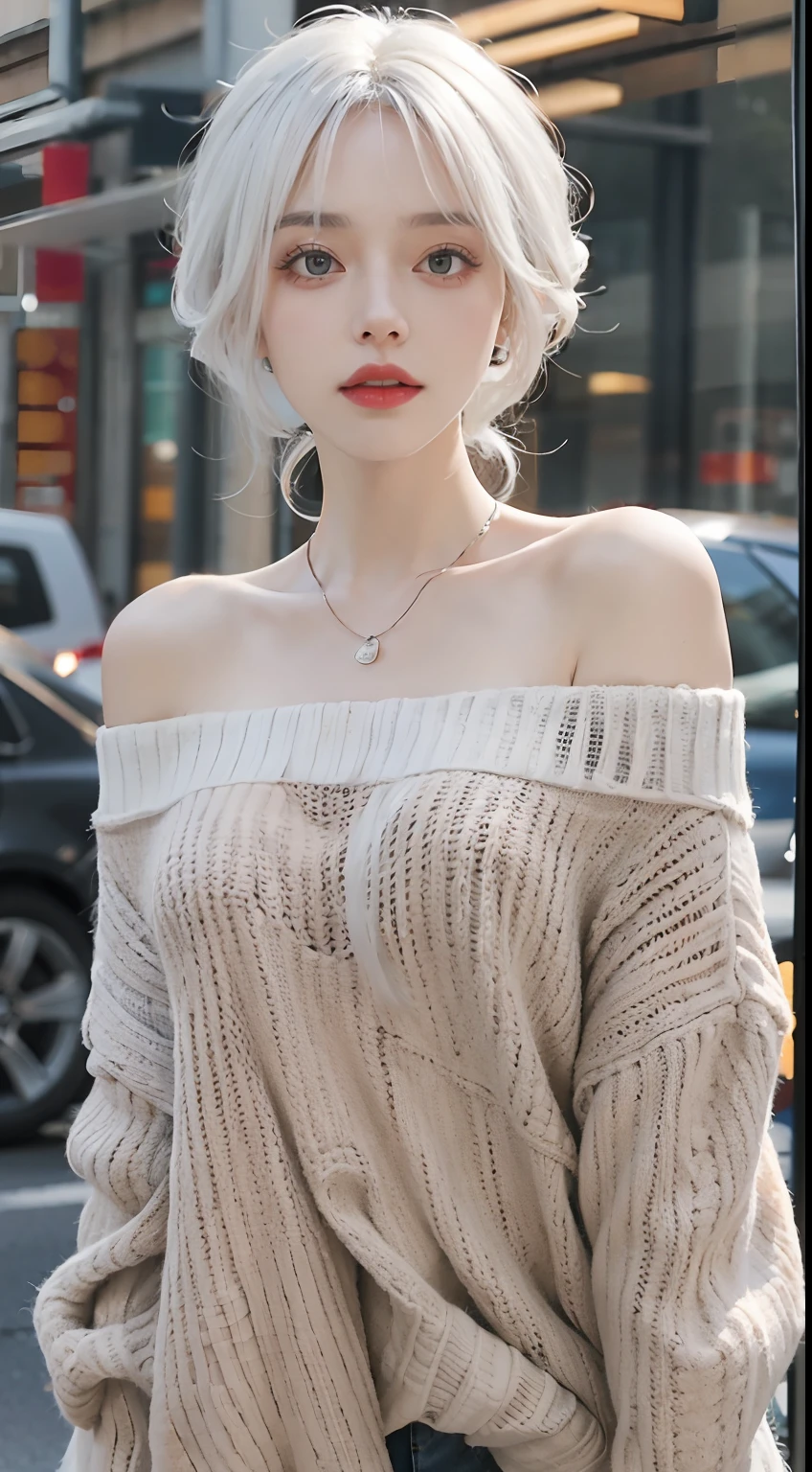 Medium Shot Shot, A beautiful woman looks at the camera, White hair, Chris Foss autumn off-the-shoulder sweater