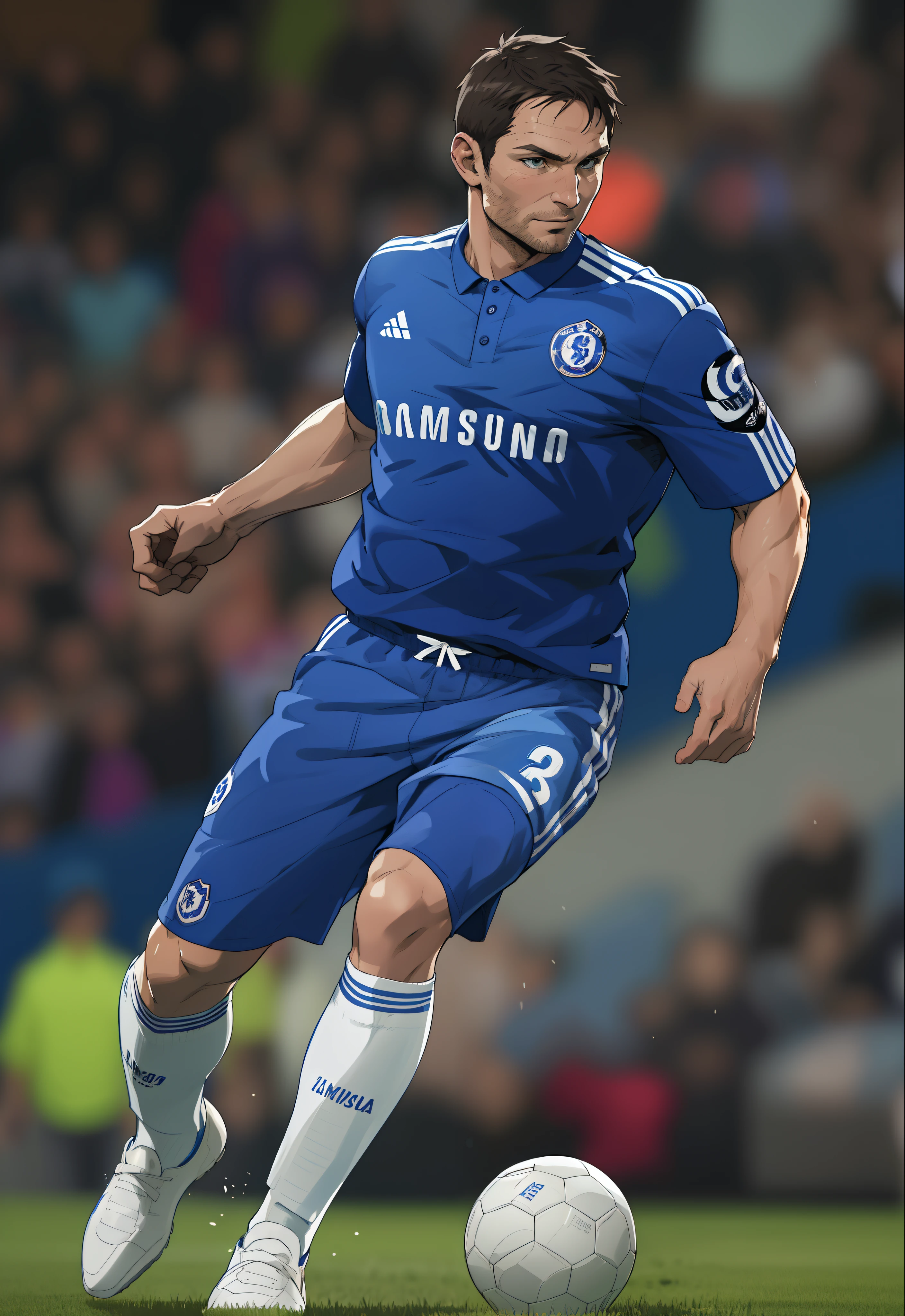 Soccer player, frank lampard, chelsea blue shirt, (watercolor:0.5), (borderlands:0.7), detailed , anime illustration, anime cartoon style, line art, comic line art drawing