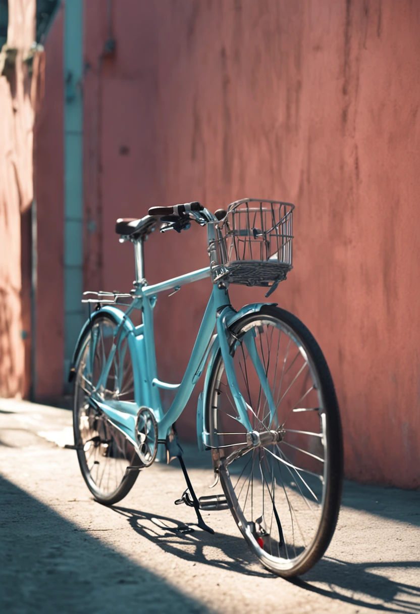 bicycle, In blurred shadows, Pastel blue background. Realistic image