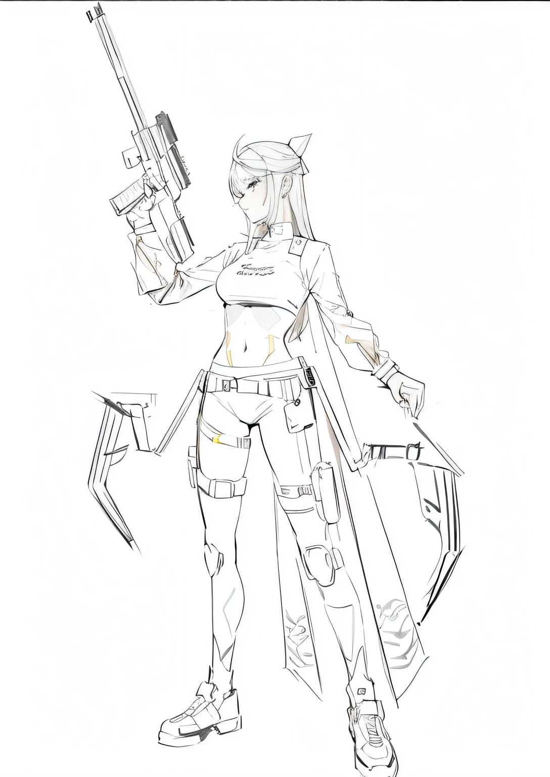 A painting of a woman with a gun and a knife, Color the line drawing in the figure
