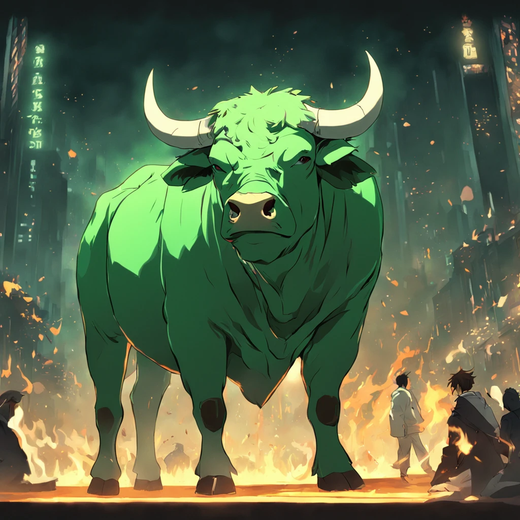 Green Bull with white suite, smoking, in NYSC stock exchange