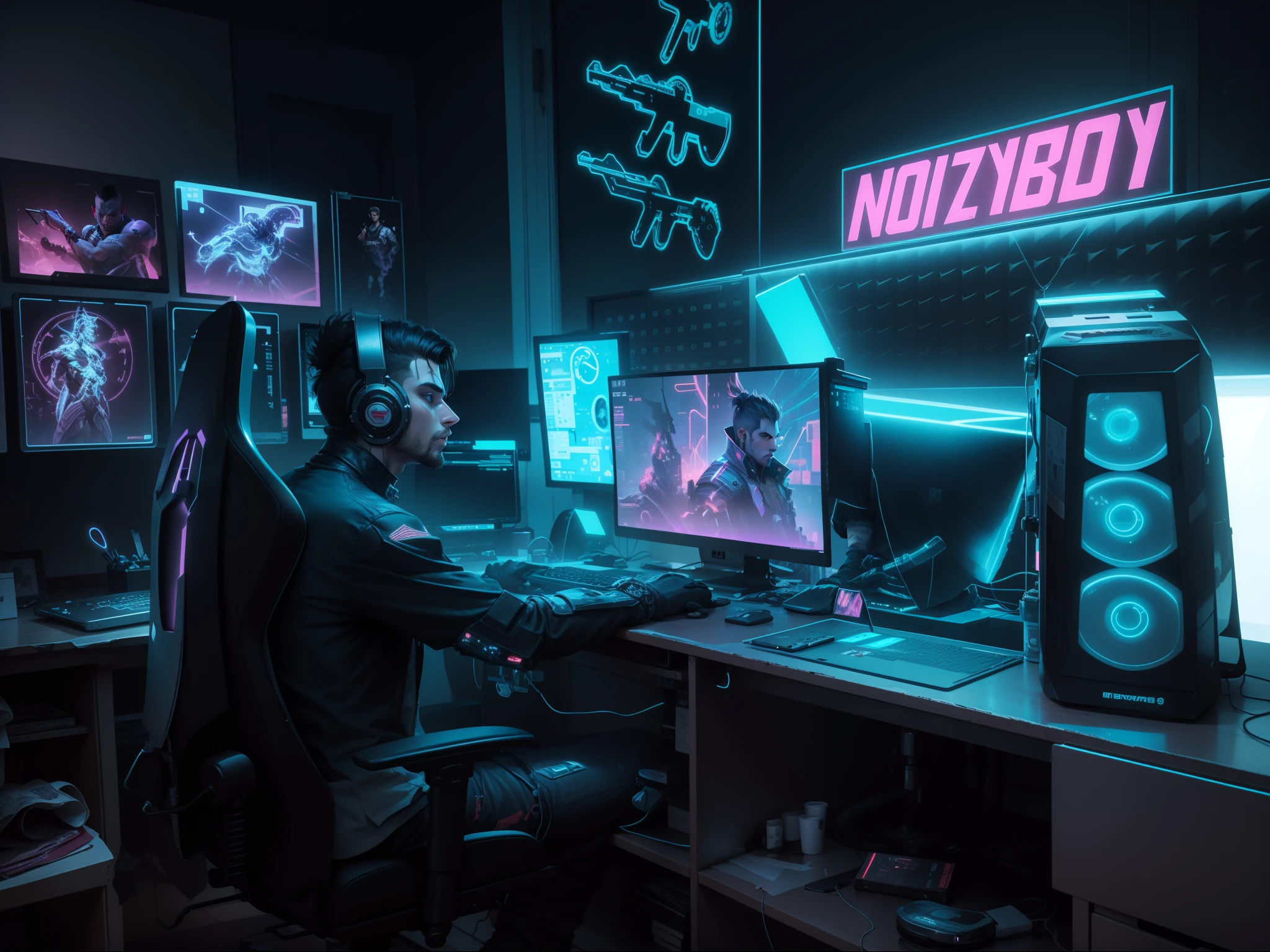 Cyberpunk, handsome guy sitting on the chair