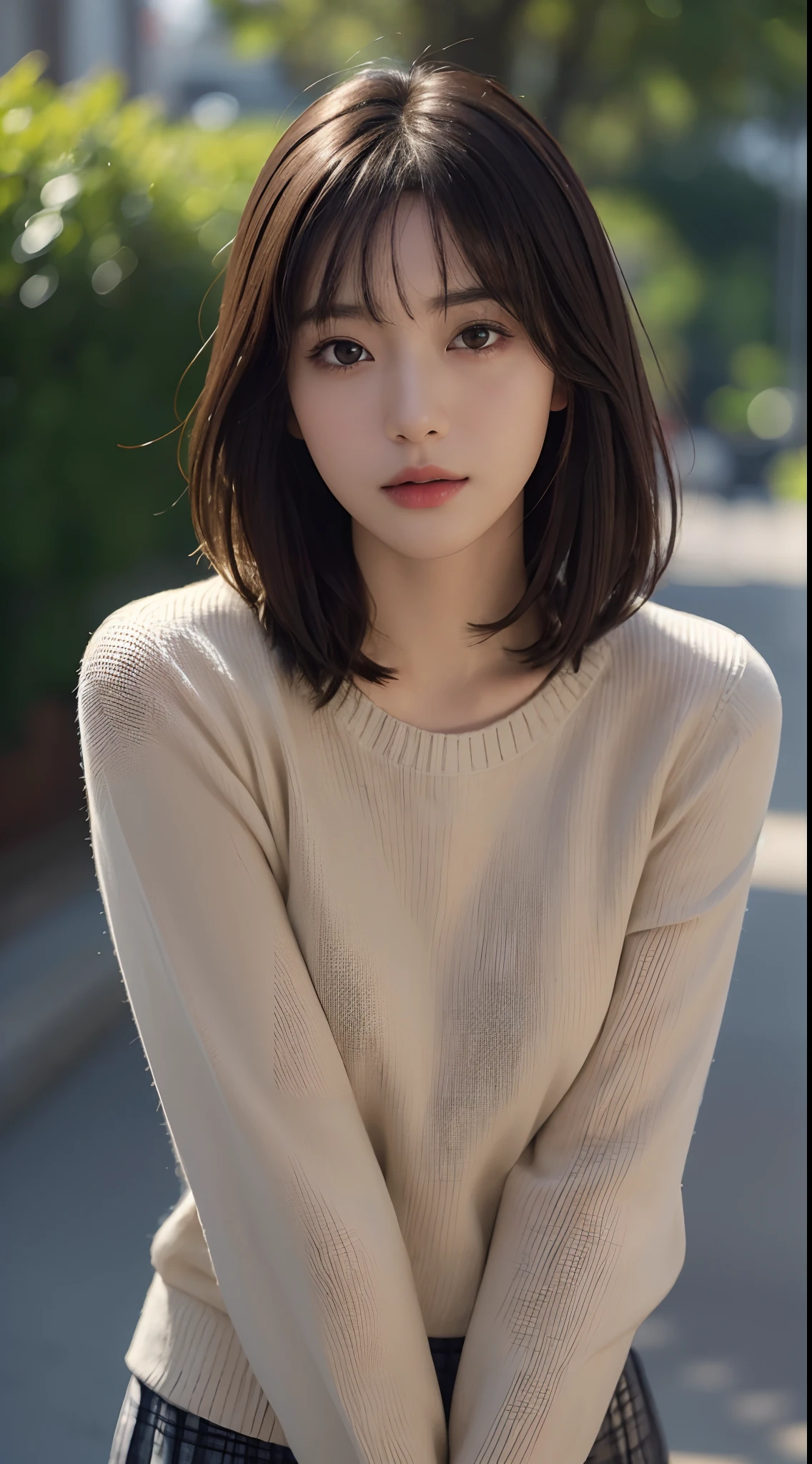 Masterpiece, Best picture quality, High quality, Beautiful Japanese girl, Cute, Intaglio idol diagram, Detailed, Detailed eyes, Detailed skin, Beautiful skin, 超A high resolution, (reality: 1.4),Very beautiful, Slightly younger face, Beautiful skin, Slender, (Ultra photo realsisim), (A high resolution), (8K), (Very detailed) (Beautifully detailed eyes), (Super detailed), (the wallpaper), (Detailed face), view the viewer, Fine details, Detailed face, Sad, Sweater, Skirt, Staring straight ahead, Staring straight ahead, angle from waist up, Realistic photo, Bright lighting, Professional lighting, Mature woman, (Brown hair, bob hair, layer cut, Swaying in the wind, bangs),