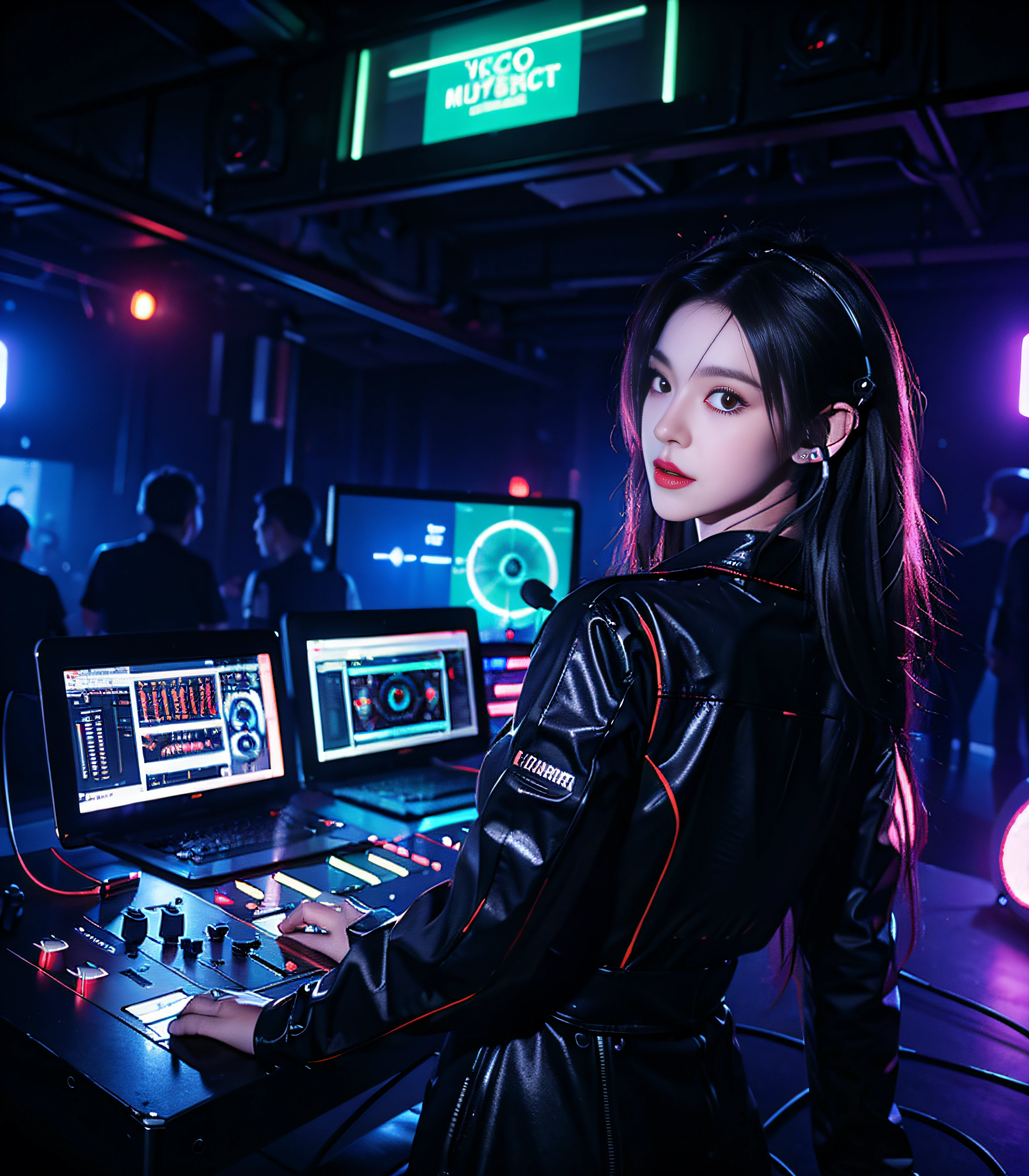 (ultra - detailed, Hyper-realistic,Best quality and realistic realism,tmasterpiece)Masterpiece, complexdetails, Physics-based rendering, 1 girl, Female DJ, DJ, A half body，Earphone, synthesizer, Mixing Console，Inside the club, disco lights, disco lights, neonlight, All mechanical and futuristic elements, Technology,