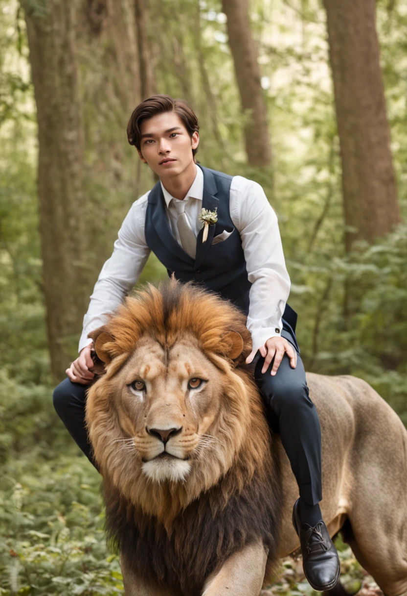 handsome young man, in suit, riding a lion with wings, in forest, bright sunlight,