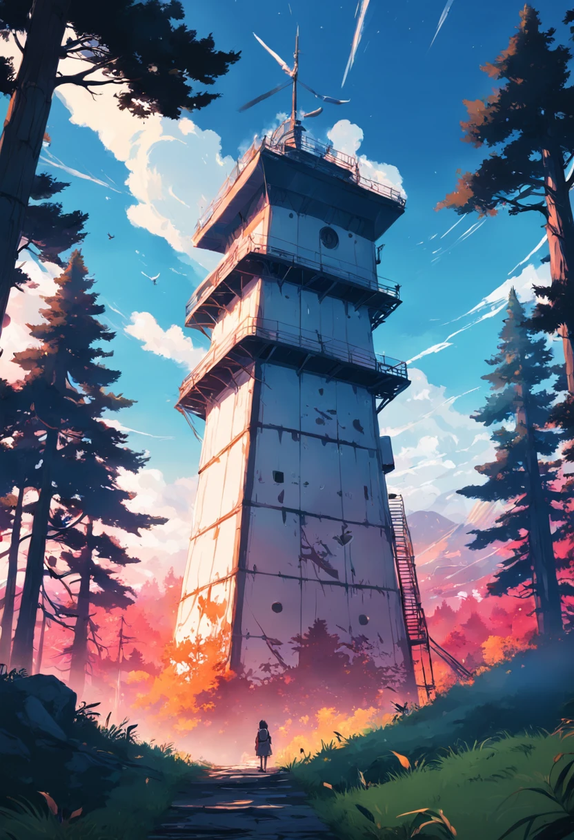 "(Best quality), ((masterpiece)), (detailed), firewatch tower, peaceful sky, forest, horizon, white birds"