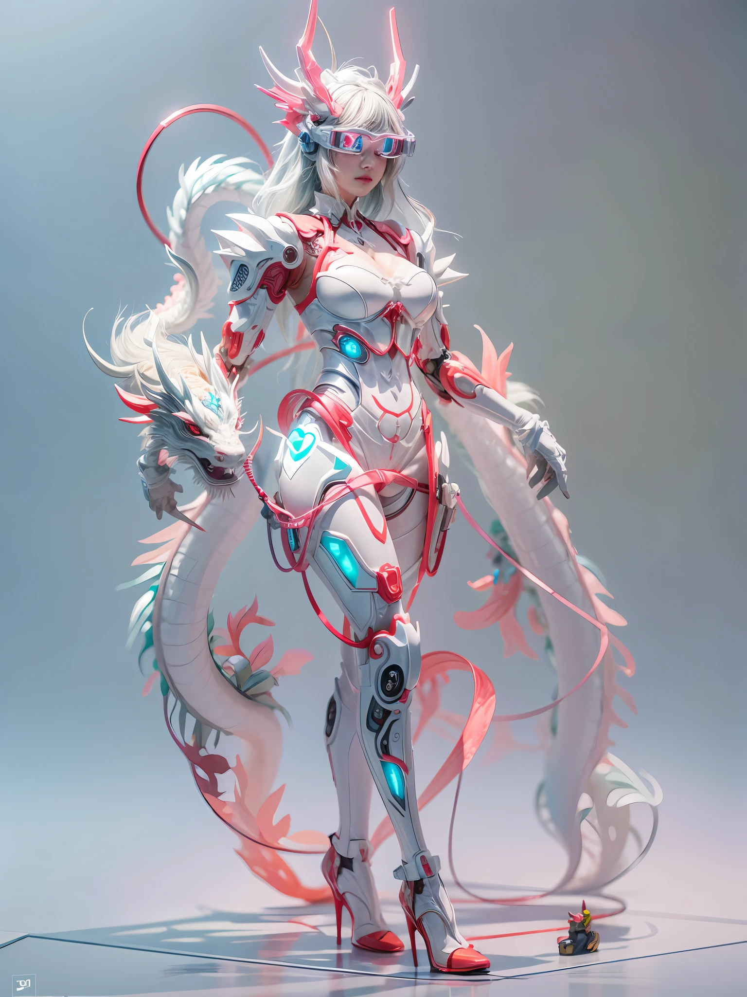 chinesedragon, (blind box toy style:1.2), (Full Body Shot) , 1 Transparent girl,Behind him is a transparent and Chinese dragon, Transparent mecha, Exquisite Helmet:1.2, glowing goggles:1.2, Cyberpunk, Dreamy Glow, Luminous neon lamp, clean, white background, ( Global illumination, raytracing, HDR, unreal render,reasonable design, high detailed, masterpiece, best quality, UHD, Cinematic Lighting)