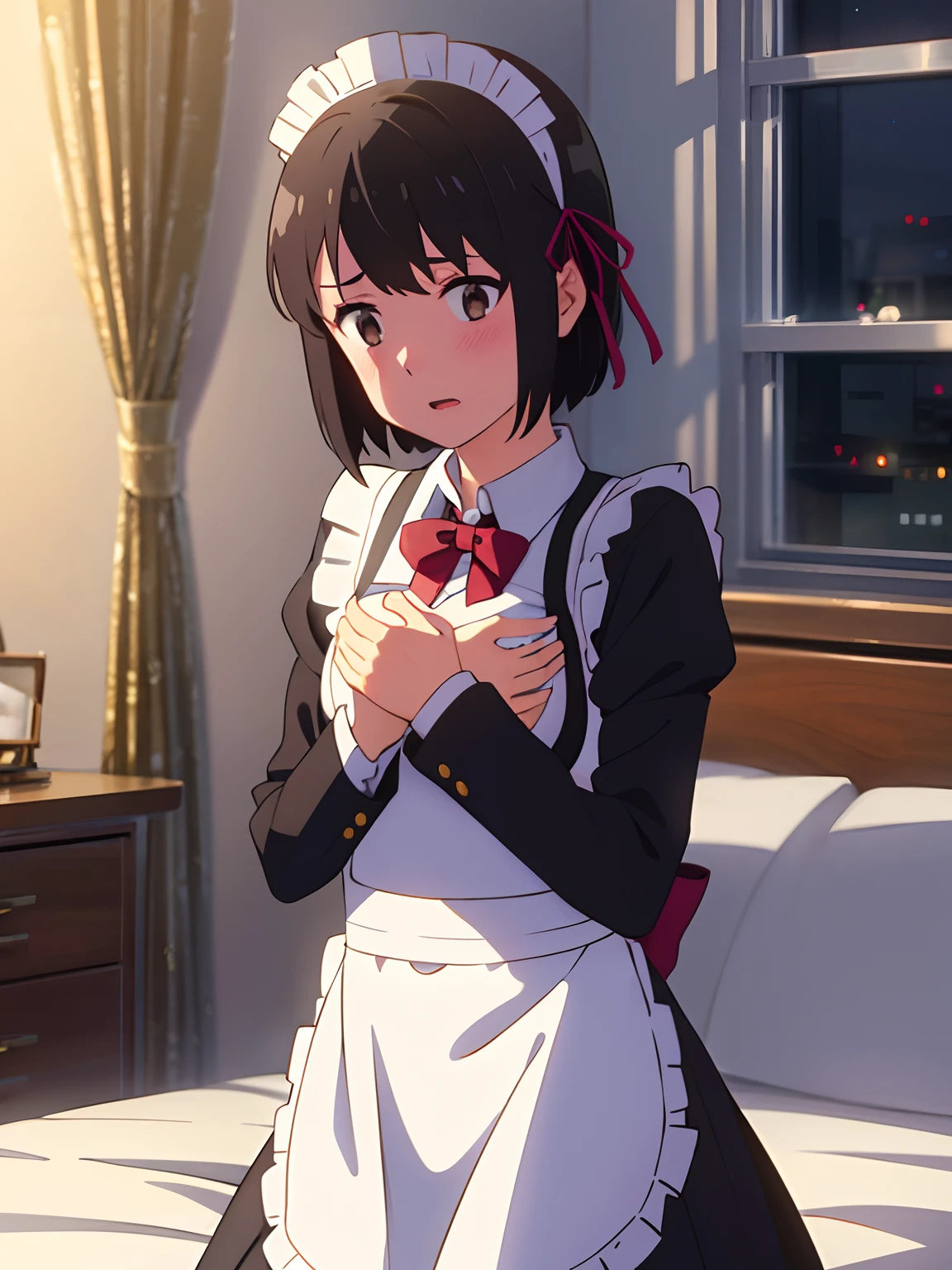 shinkai makoto, kimi no na wa.,1 boy, buzzcut, school uniform, boy is behind girl, touching chest, grab, grabbing chest, behind back, hug back, hugging, neck kiss, 1girl, bangs, black hair, blush, brown eyes, shiny skin, red headband, red ribbon, red bow, maid, maid headdress, maid dress, white apron, maid apron, short hair, collarbone,m, open mouth, white pantyhose, full body, long sleeves, cowboy shot, white pink bra, medium breast,masterpiece, indoors, bedrooom, bed, sit on bed, night,