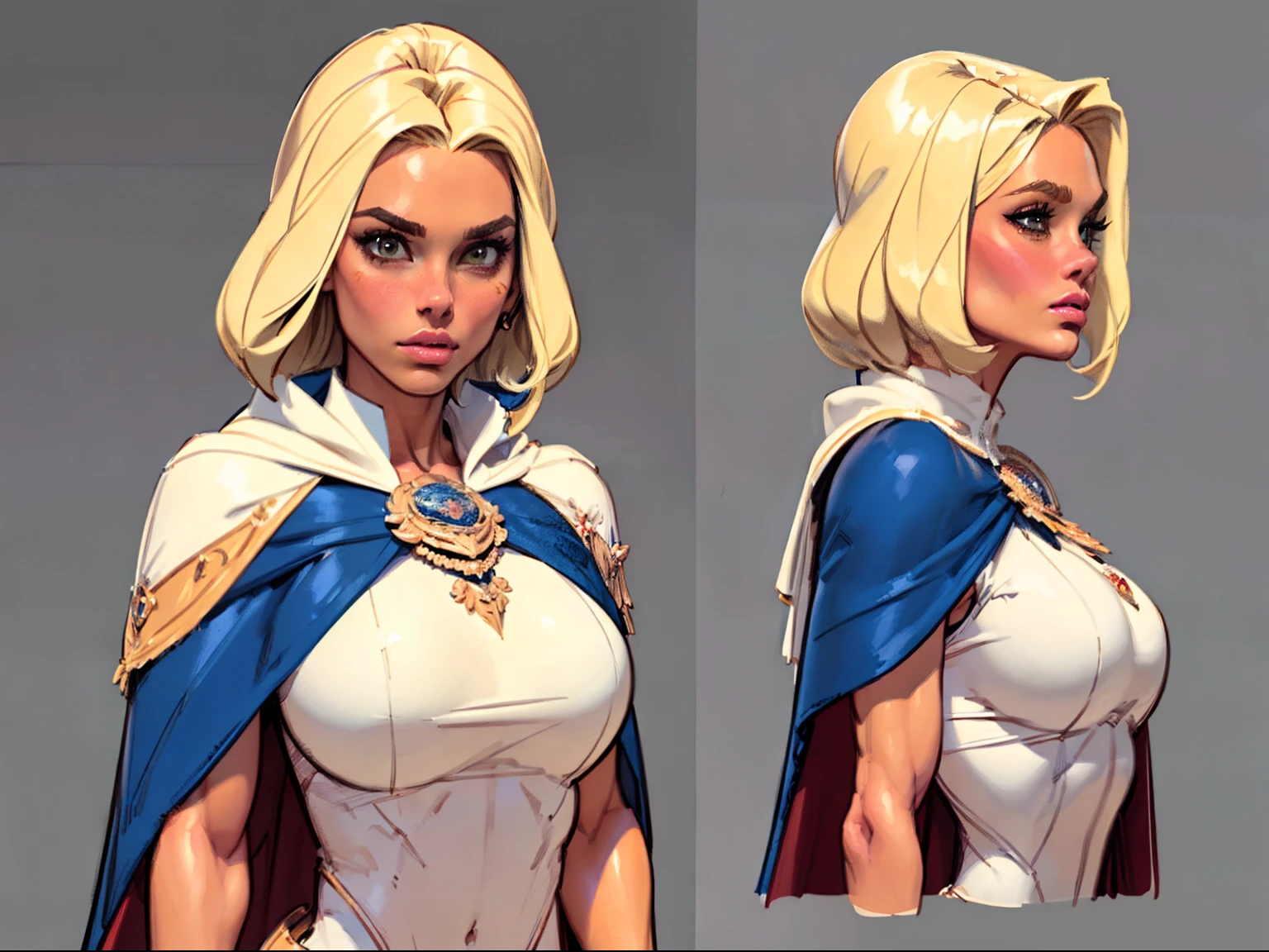 ((masterpiece)),(((best quality))),((character design sheet)), illustration,1woman, environment Scene change, muscular, (white skin:1.4), white legs, thick legs, (royalty cape:1.5), scribbles and marks, fire, ((detailed face:1.1)), rough sketches, pose too, blonde and white color palette, 8k,16k, (simple background, light background: 1.3)