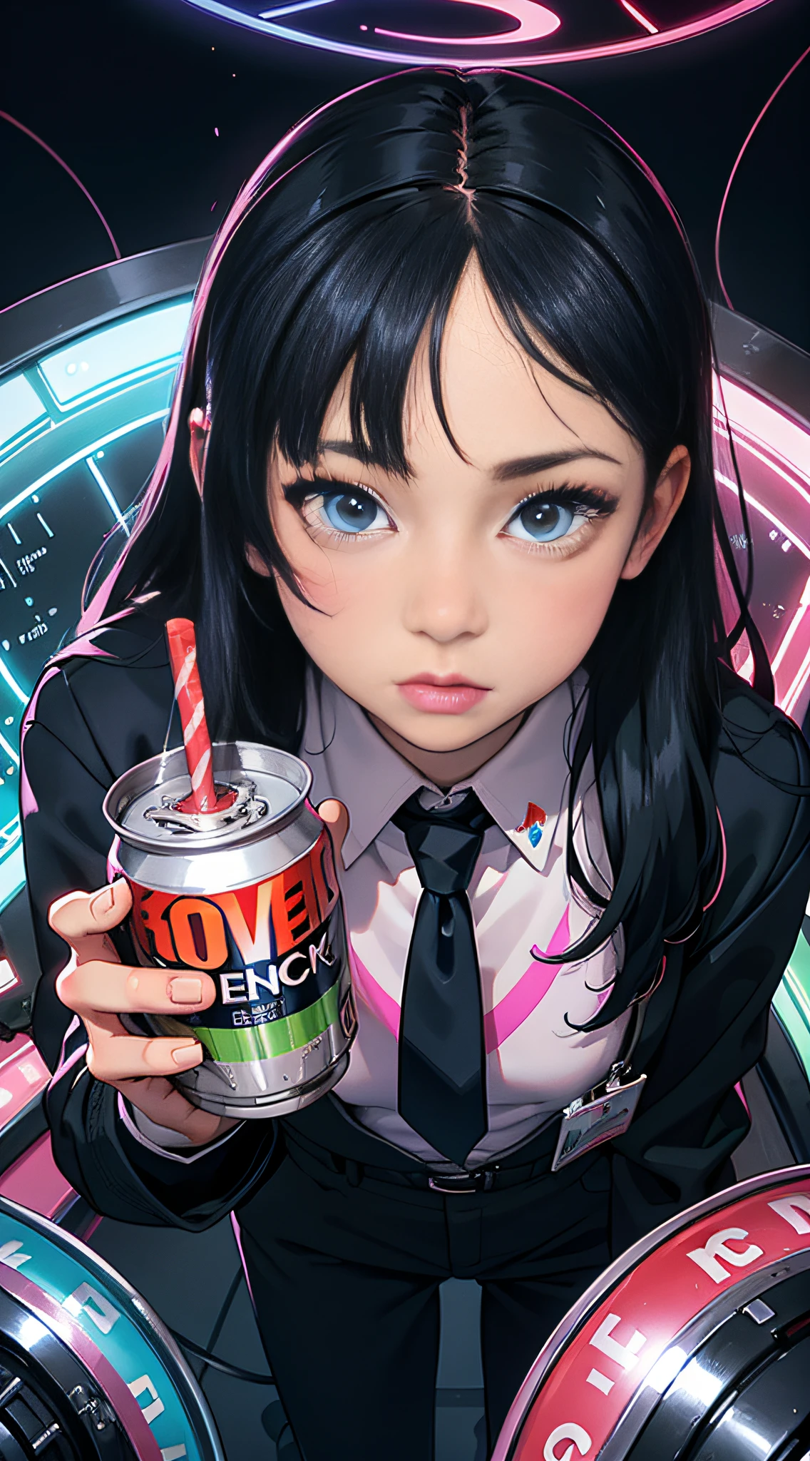 8ｋ、high-level image quality、One man、systems engineer、overtime、Energy Drinks、Energy drinks、Neon Street、TOKYOcty、s Office、personal computers、keyboard、Cable cyberpunk、Vivid Color、Shadows are vivid colors、Clear expression、Clear eyes and nose、salaryman、officeworker、near future、Surrounded by liquid crystals、toil、neck tie、jaket、Clear contour lines、8K、Clear facial parts、Face is clearly visible、Employee ID card hanging from the neck、Anime Touch、Comic style、digital、Electromechanical、Acrobatic regime、Movie poster style、Vivid Color、Pop design、businessman、Shadows are vivid colors、Energy Drink、Cans of energy drinks are scattered、Capsule-type drug is placed on the tongue、Capsule-shaped drugs are scattered、Psychedelic colors、Psychopaths、The halo is pointing、God、Deities々Right、Vivid color for the entire screen、Clown makeup