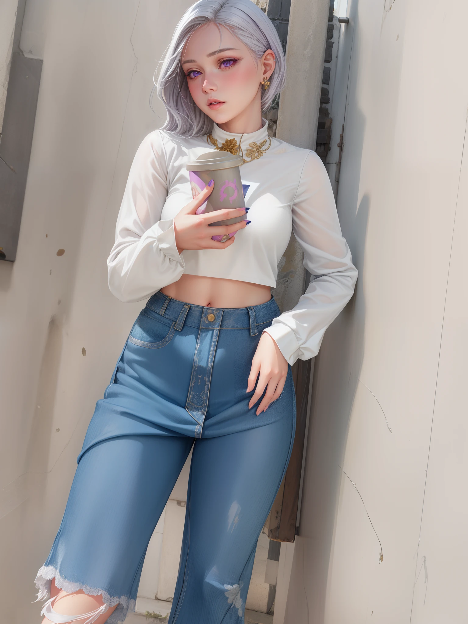 realistic, 1girl, white hair, purple eyes, glowing eyes, crop top, skirt, parted lips, blush, night, flowers, sun, sunlight,