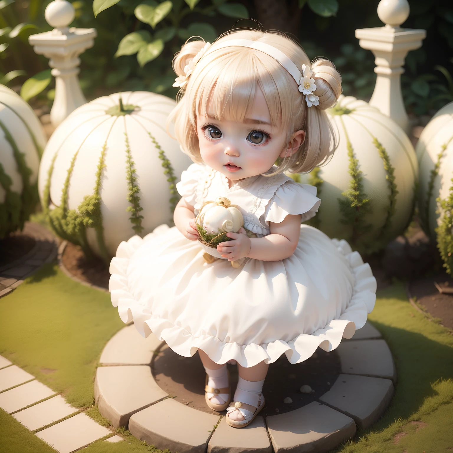 Cute Chibi Anime,White dress with lots of frills,Pearl beige bob hair ornament,Japanese ornament hair ornament,botanical garden