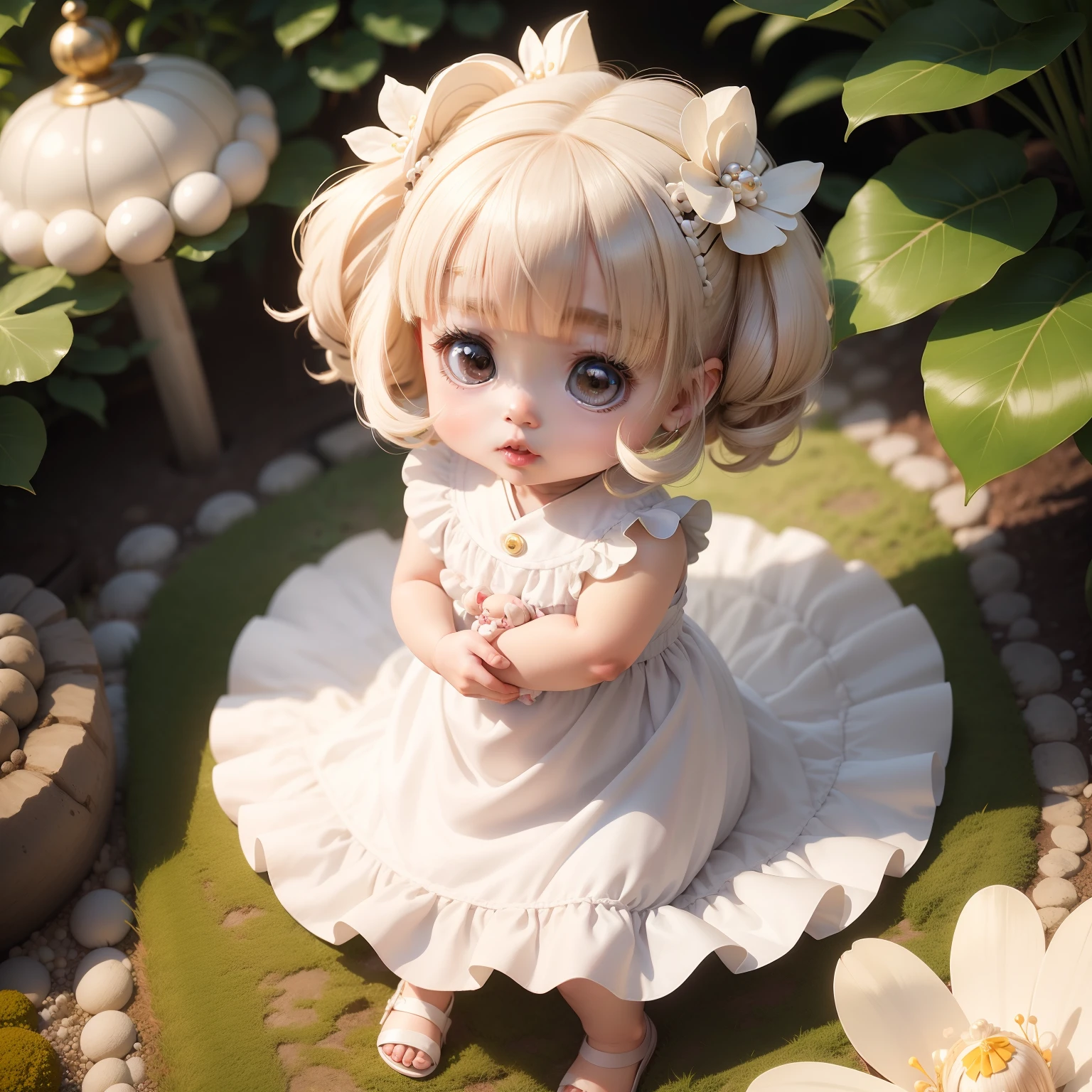 Cute Chibi Anime,White dress with lots of frills,Pearl beige bob hair ornament,Japanese ornament hair ornament,botanical garden