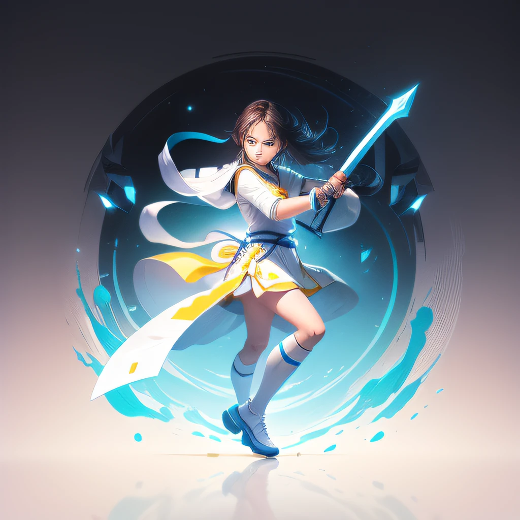 pixel artwork,Depicting a brave warrior。This warrior presents a cute Q version of the image,A sword was tightly held in his left hand,Hold a sturdy shield in your right hand。The picture is based on a 2D plane,The fighters were dressed in bright white、Yellow and blue European school uniform。And the design text Hot-blooded Nanny four words