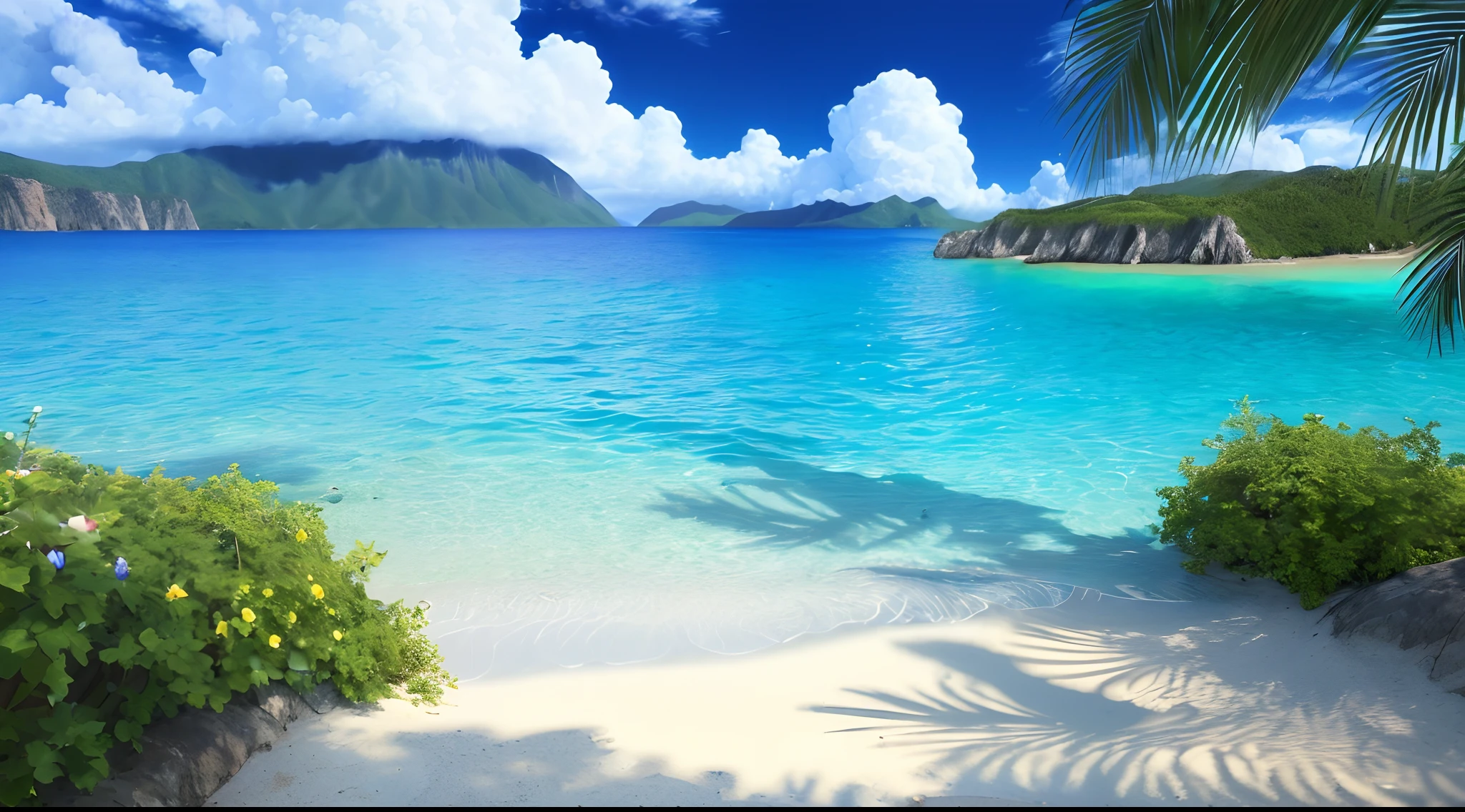​masterpiece, best quality, realistic, (extremely detailed CG unified 8k wallpaper) (top-quality), (The best illustrations), (best shade)、Super Meticulous, blue sky , Variety of clouds 、Wonderfully beautiful 、nostalgic 、Looking up at the sky, Reflection of the Sun, Reflection , beach , sea , clear water ,  mountain , blue theme , Scenic , Summer sky , Make blue the basis, depth of field ,rule of thirds