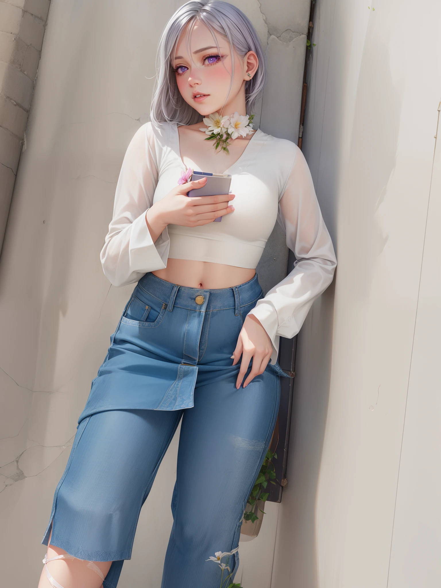 realistic, 1girl, white hair, purple eyes, glowing eyes, crop top, skirt, parted lips, blush, night, flowers, sun, sunlight,