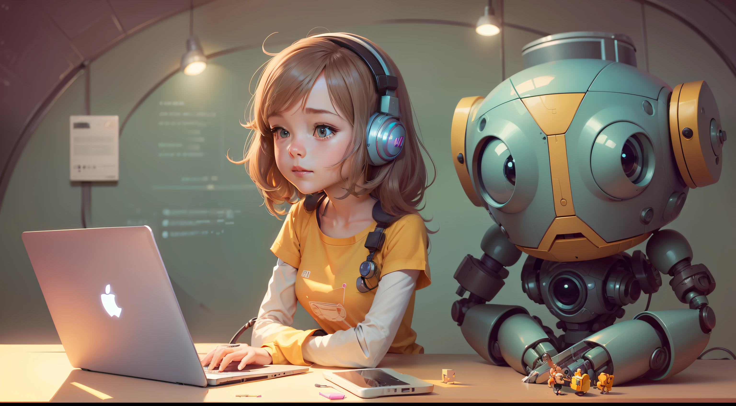 Cartoon of girl sitting at desk with robot and laptop, Girl Meets Robot, Women and robots, Adorable Digital Painting, adorable friendly robot, loish van baarle, Cute robot, cute humanoid robot, loish and goro fujita, digital 2D illustration, cute detailed digital art, Robot Portrait, 2D Illustration