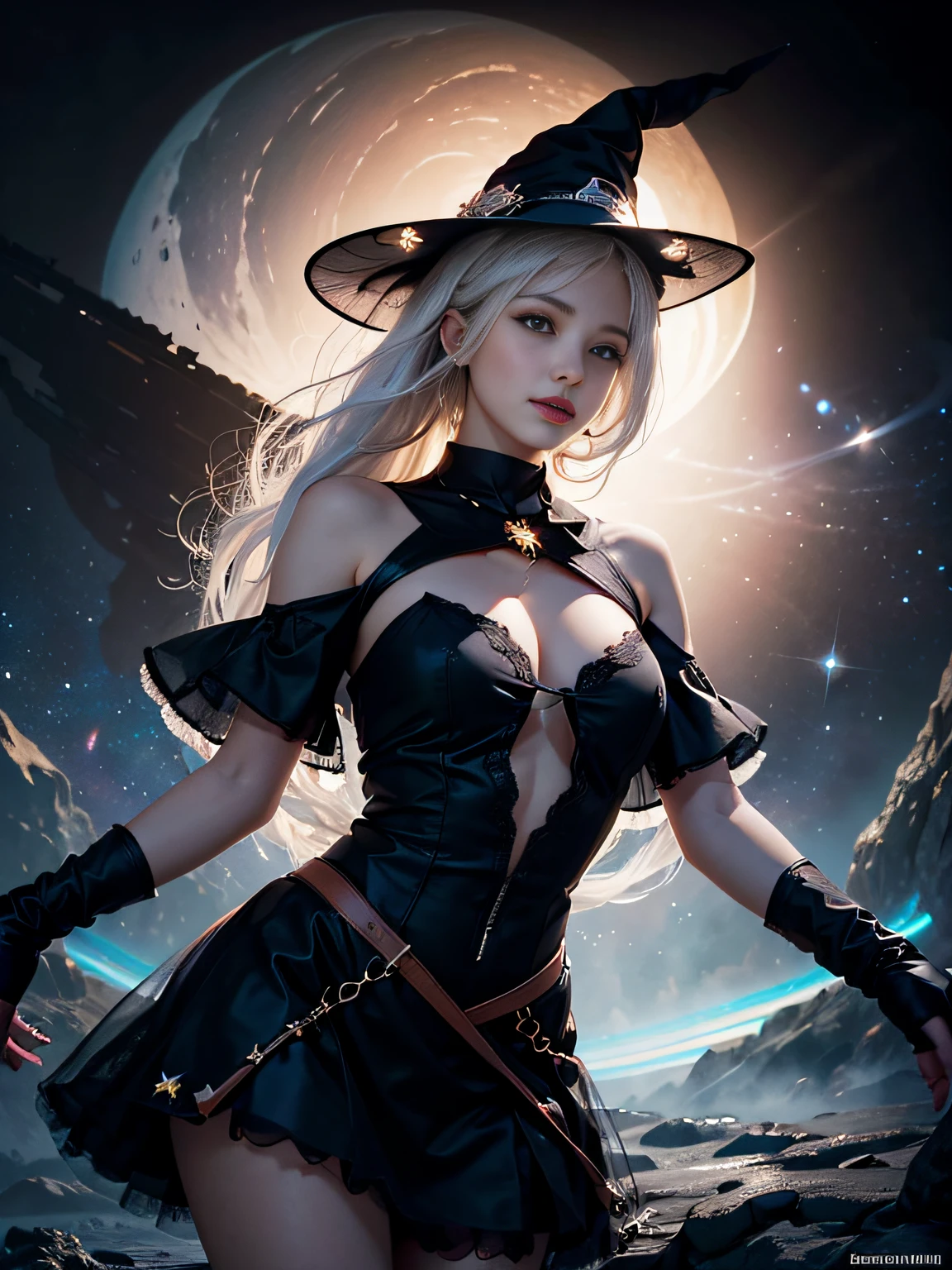 Unbeatable masterpiece, Ultra photo realsisim, Perfect artwork, Intricate details, Best quality, Strong light,High contrast,(Masterpiece:1.3) , (Best quality:1.2) ,Original , illustration , (Extremely Delicately Beautiful) , Cinematic lighting, voluminetric lighting , (full bodyesbian:1.2) , (1girll:1.3) , (Solo:1.3), (White hair:1.2) , (Very hairy:1.2) , Dynamic skirt, Dynamic pose, Smile , (Liquid starry sky lace witch tulle hat:1.35) , (Star-shaped hair accessories), (On rocky ground:1.2) , (floating rock:1.3) ,(floating in the space:1.2) , (Background:black hole , Purple swirl) , ((clusters of stars)) ,(black hole:1.5) , ((Kagantua black hole)) .astronault , (Bright and delicate black hole accretion disk:1.4), Bright and delicate (Bipolar jet:1.3), (Schwarzschild radius:1.2) , Chandra Seka Limit ,