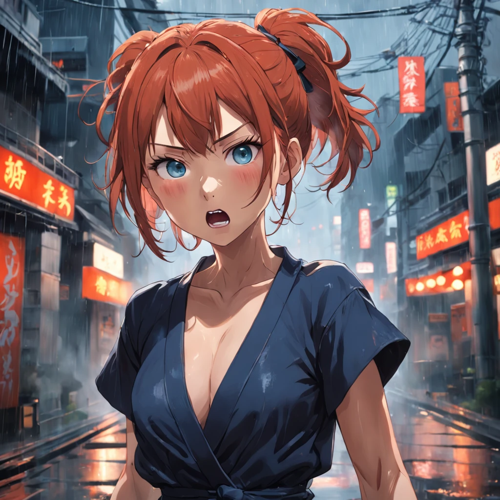 Natural redhead woman poses for photoshooting, fully body pose, Angry, irritated, Anger, fury, She was screaming, Stylish updo hairstyle, hair-bun, Facial features in Japan and Vietnam, Straight hair, Pretty face, Flawless face, Thunderstorm in the background, Yelling, agitated, Mix of facial features of Aya Yamamoto and Domarina Matsui as well as Asuka Saito and Mayo Akiyama, Petite body, The photo is like it was taken by the Sony A7 III, Profesional photogarpher, dark ambiance, Edge lighting, Cinematic, waxy candles, Witchcraft, Full body portrait, Ultra photo realsisim, Beautiful face, 8K, Full body portrait, elegant, Natural lighting, Sharp focus, Very detailed face, Vibrant, smooth and luminous skin, Beautiful face, 64k, hyper HD, Beautiful soft skin, 50 millimeters, Low light, Dark and mysterious atmosphere, Vibrant, skin, Photorealism