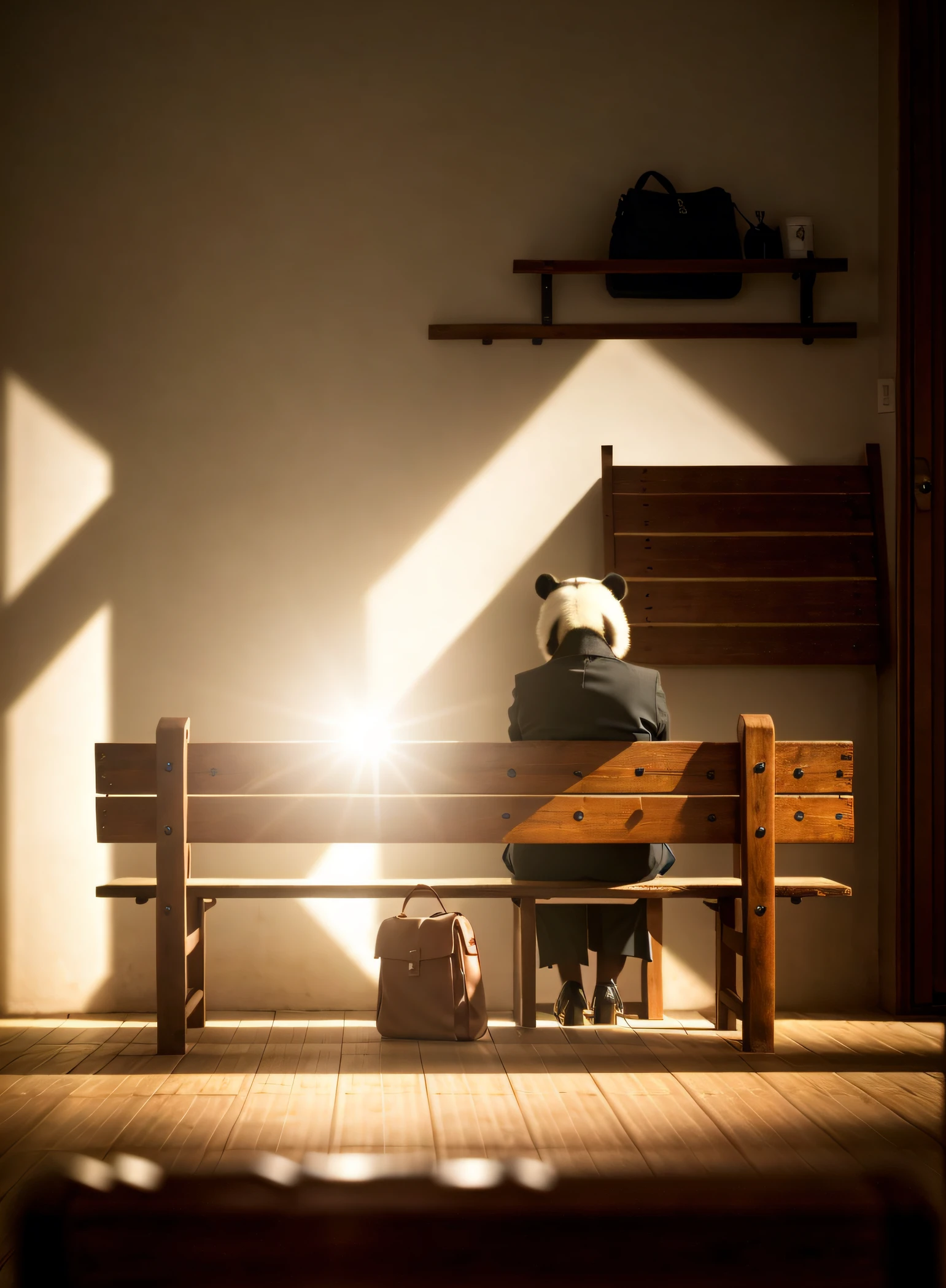 Panda sitting on a bench,Handbag placed under the bench, Business suit,Melancholy looked into the distance,With your back to the camera,wide wide shot,best qualityer, 8K分辨率,Cinematic lighting,best qualityer,Detail light,bamboo forrest,wide wide shot,Side head
