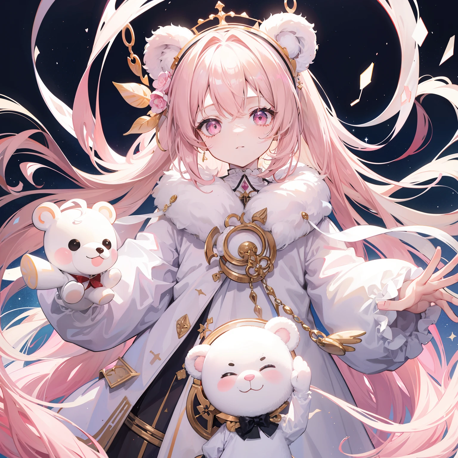 The title of Douluo Continent with multiple pale pink soul rings,It's Sister Lori,Light rice and cream white color scheme,light-brown long hair,baggy clothes,Known as the Muppet Bear Puppeteer,It's a cute and cute girl,