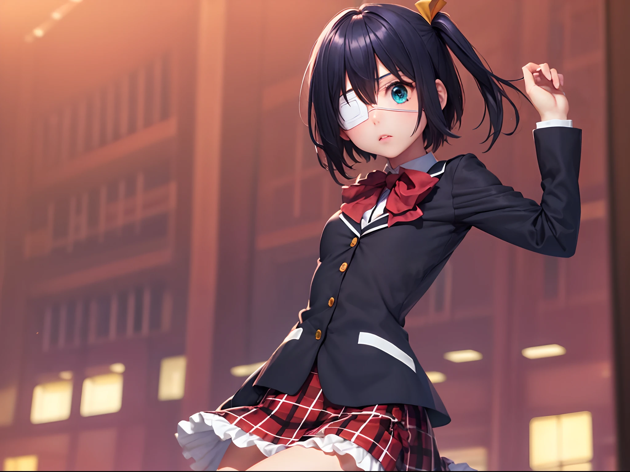 (masterpiece, best quality:1.2), cowboy shot, solo, 1girl, takanashi rikka, expressionless, looking at viewer, arms behind back, one side up, ahoge, blue eyes, medical eyepatch, school uniform, jacket, plaid skirt