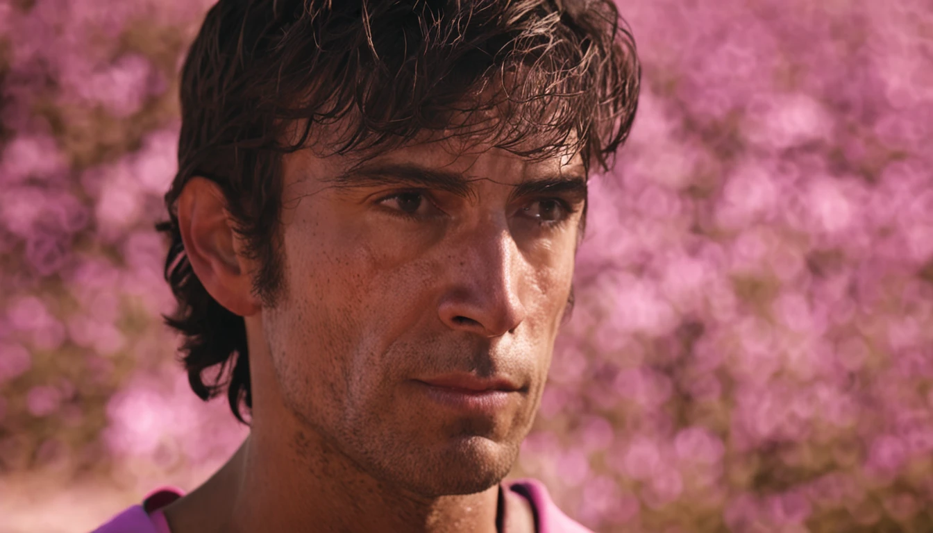 Man in his 30s sweating on marathon course,(realisitic, : 1.4), (True skin texture: 1.3), (filmgrain: 1.3), Short hair, Pomood, handsome face, large eyes, Brown eyes, (facial expression), Sitting, (Hitting a wall), Crying, frowning, (Looking down), disrespect, Eyes and faces with beautiful details, White Jabot, Pink Dark V, Brown eyes,