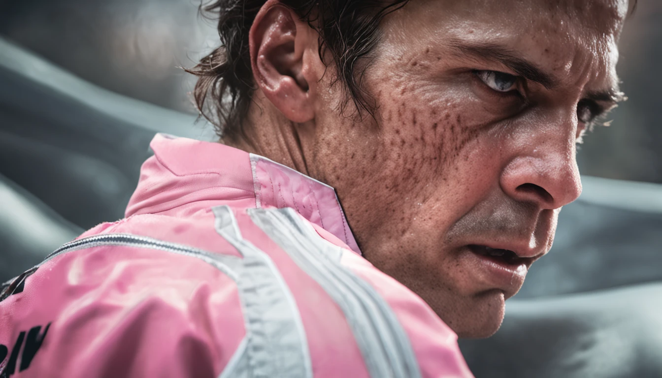 Man in his 30s sweating on marathon course,(realisitic, : 1.4), (True skin texture: 1.3), (filmgrain: 1.3), Short hair, Pomood, handsome face, large eyes, Brown eyes, (facial expression), Sitting, (Hitting a wall), Crying, frowning, (Looking down), disrespect, Eyes and faces with beautiful details, White Jabot, Pink Dark V, Brown eyes,