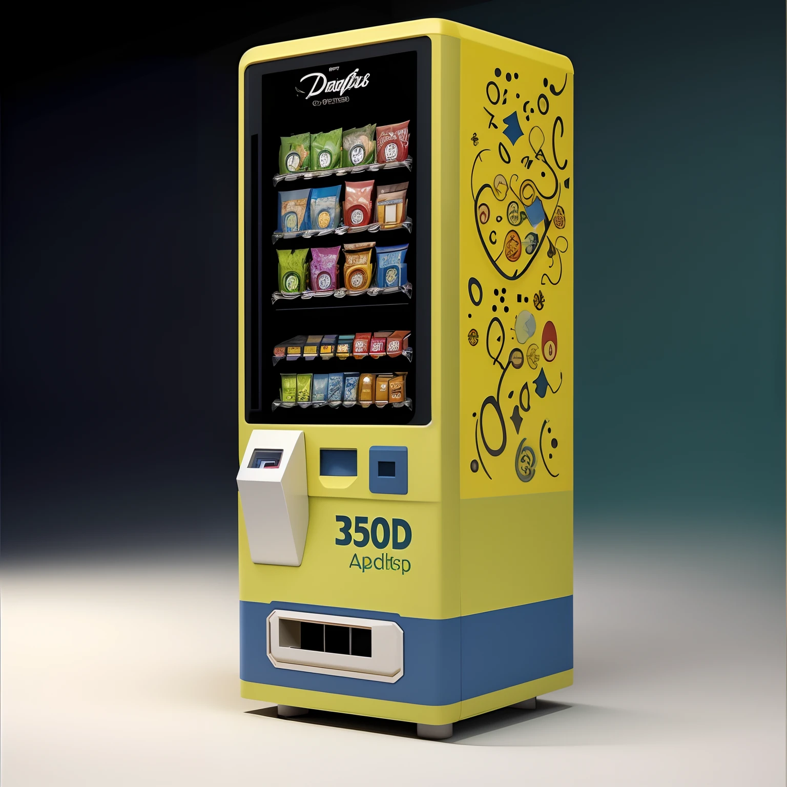 Close-up with fishing gear display,For example,Fish hook elements,vending machines,sci-fi vending machine,3D product render,Some are more specific, Descriptive scenarios may appear on the computer,por exemplo, Someone went to the vending machine and bought a bait rod,Or describe the scene where something is purchased,Some combinations of foil scene elements, Product rendering,Stylistic references attract attention,applied,Represents fashionability,A little bit of technology,Elements with a strong visual sense,There are reasonable ones on the fuselage, A contextual description of the style element, etc,The overall color is mainly dark blue and white,Color distribution is 50 each%,Wish there were more elements,A little diversified,Fewer colors,There are no portraits on the machine,or role,The color is lighter,The fishing class has slightly more elements