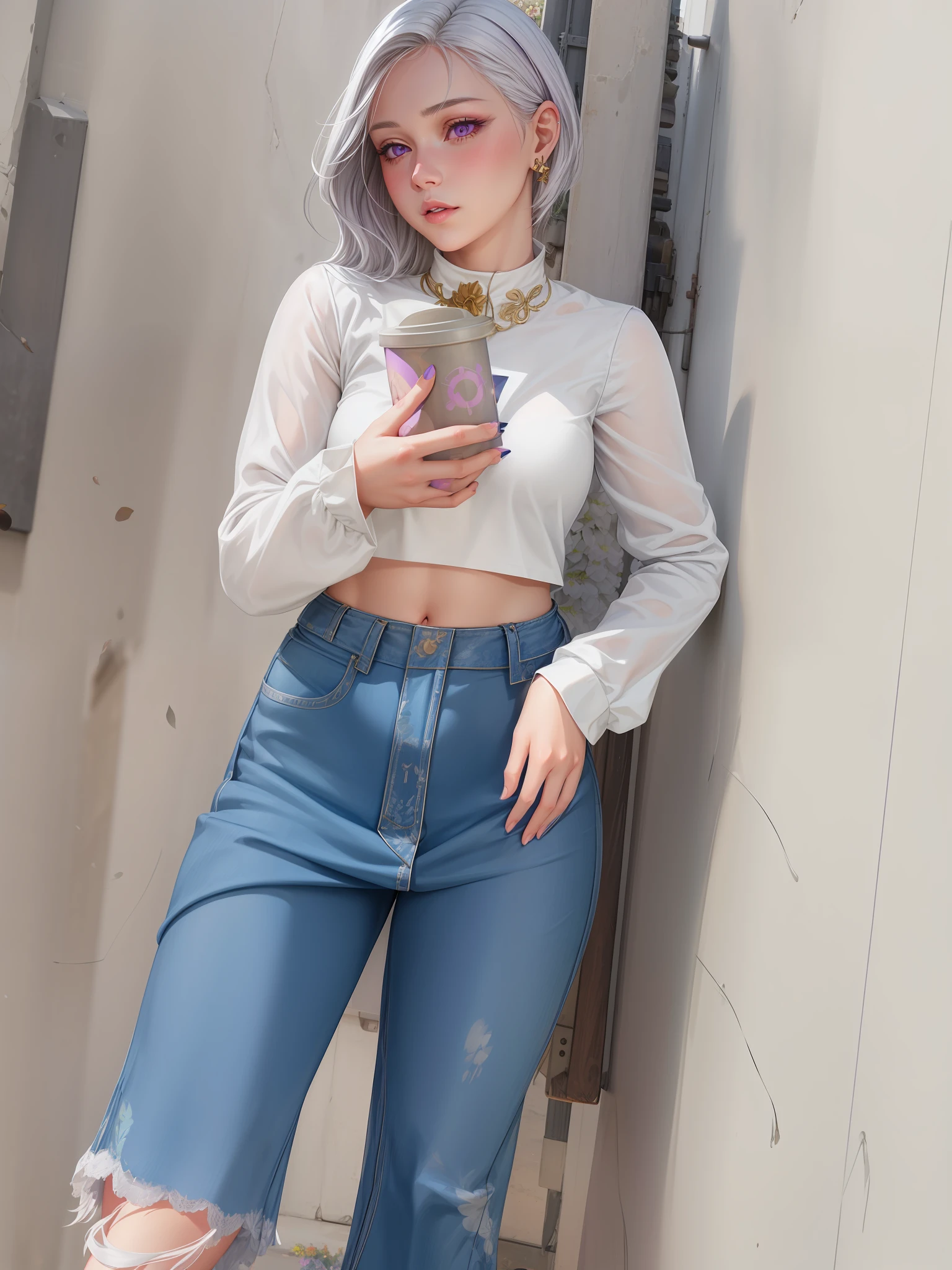 realistic, 1girl, white hair, purple eyes, glowing eyes, crop top, skirt, parted lips, blush, night, flowers, sun, sunlight,