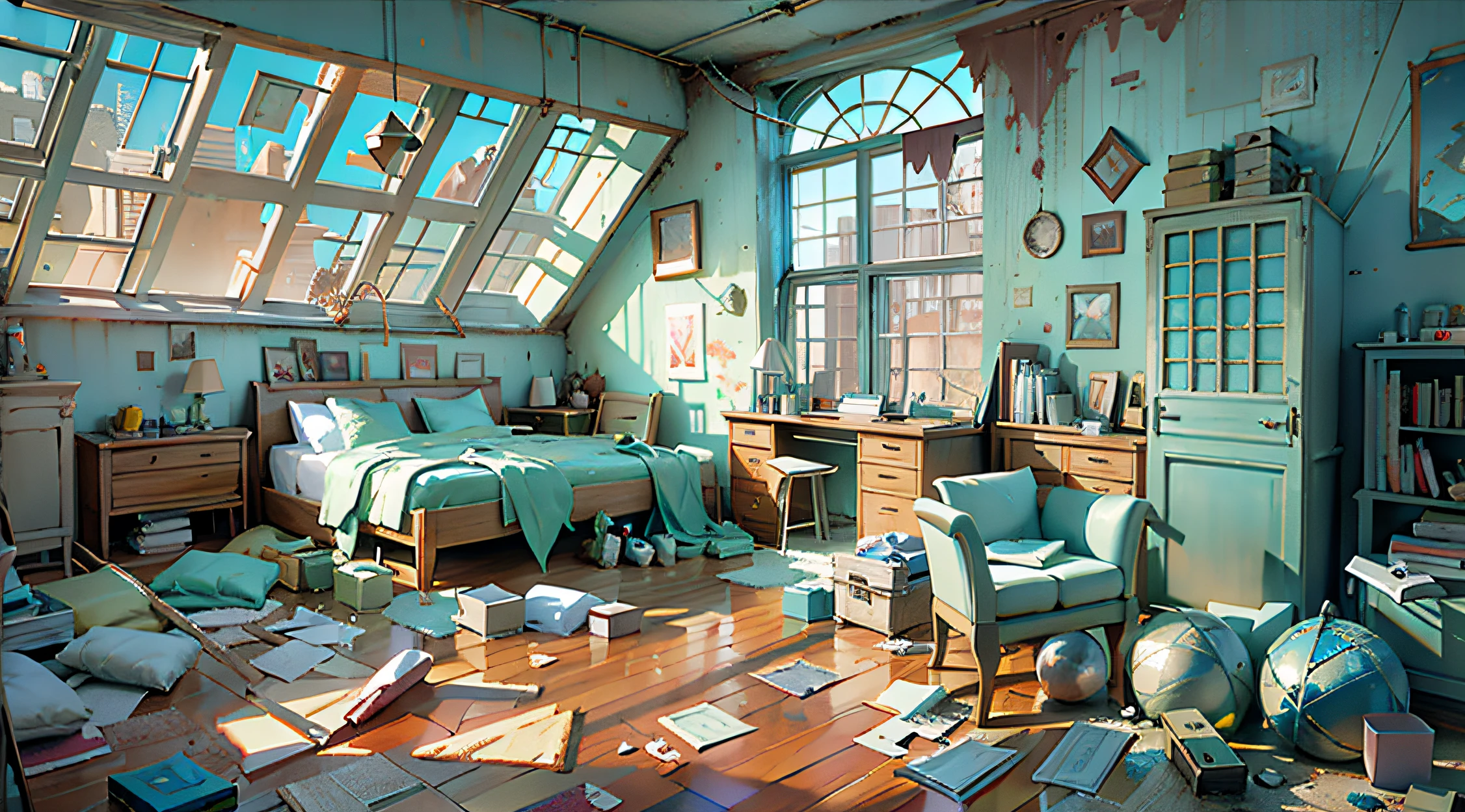 There was a room with bed and desk, interior background art, Interior of the post-apocalyptic room, personal room background, 3 d stylize scene, photorealistic room, by senior environment artist, Messy room, stylized 3d render, 3 d epic illustrations, 3 d render stylized, inspired by senior environment artist, Anime background art, Detailed 2D illustration