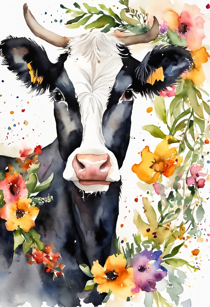 A cute American black and white spotted cow，A bright wreath is worn on his head，Positive perspective