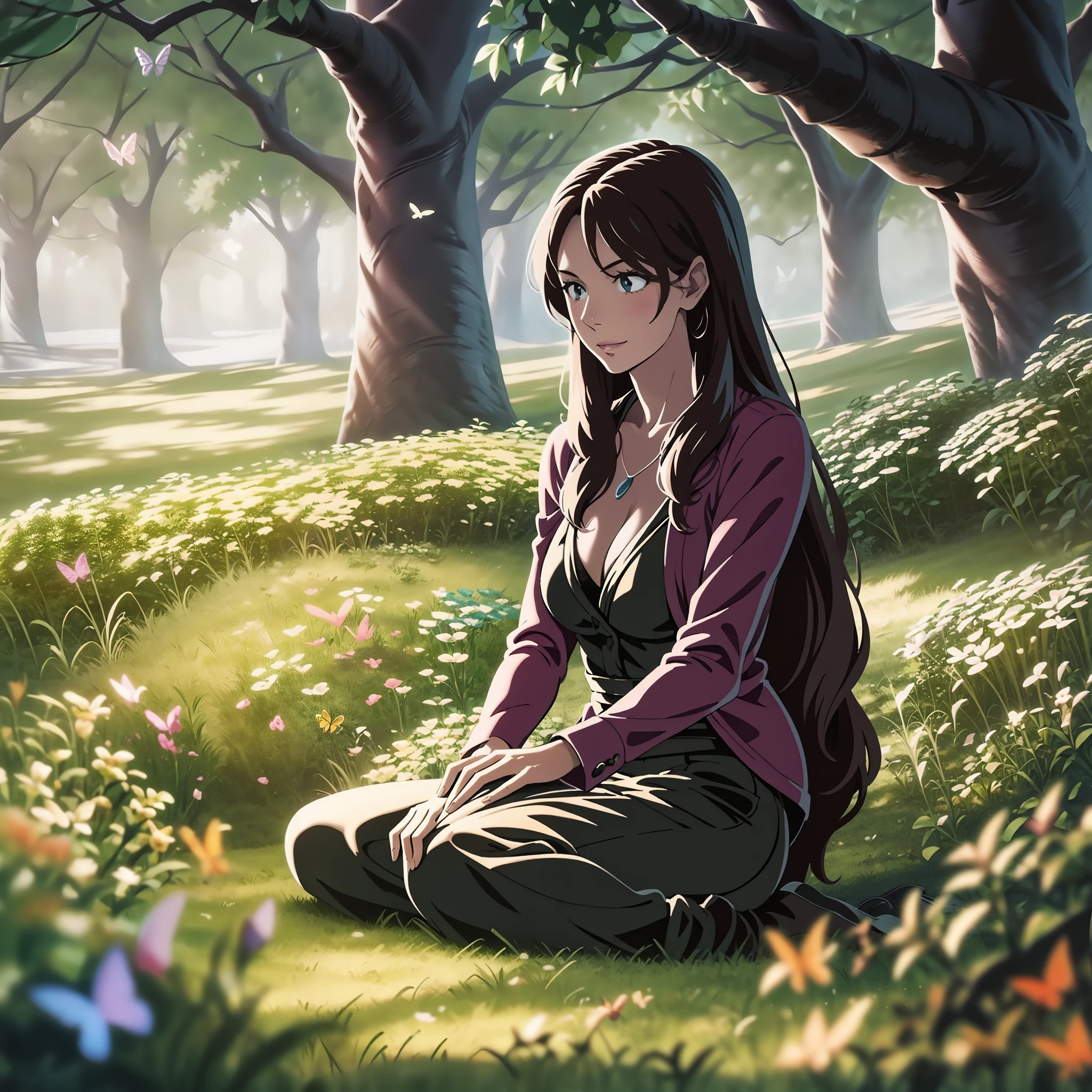 woman, age 30, milf, having a picnic in a picturesque meadow, surrounded by flowers, butterflies, and the gentle company of woodland creatures.