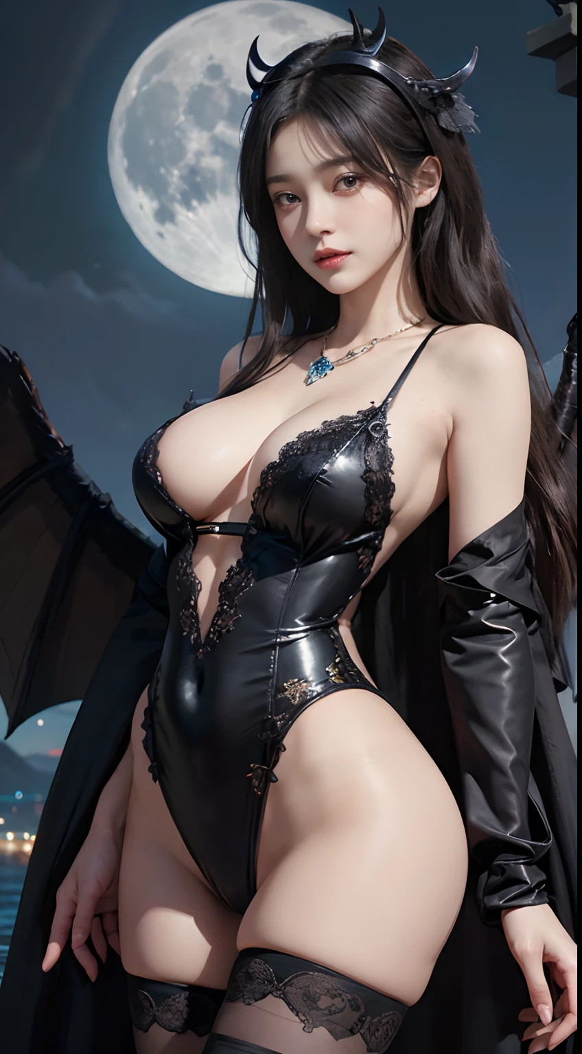 （Front Focus），Surrealist portraits of women by David Hockney and Alphonse Mucha，((Upper body ?????))、((Moon Night))、((Engaging pose))、Fantasyart、((A dark-haired))、((Black ???? lace costume))、((Black ???? lace costume))、((???? Devil、Clothes with less fabric))、Beautifully embroidered ???? black lace outfit，Decorated with fine embroidered devil's costumes and fine jewelry，photographrealistic，动态照明，art  stations，poster for，Volumetriclighting，extra detailed face，4 k''，((shush))、With diamonds，???? thighs，exposing the abdomen ,????? 1 Girl, In the Dark, deepshadow, low tune, Cowboy Shot,(official clothing:1.4), The eyes are confused and seductive，Shining Necklace、Bat Wings、Black wings on the back、(((Yotsubai)))