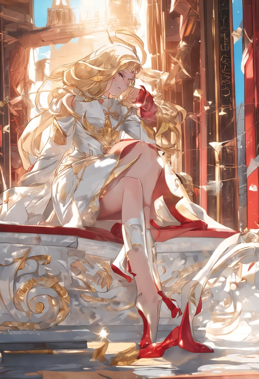 Red angel, 20 years old, wearing white high heels and golden hair.