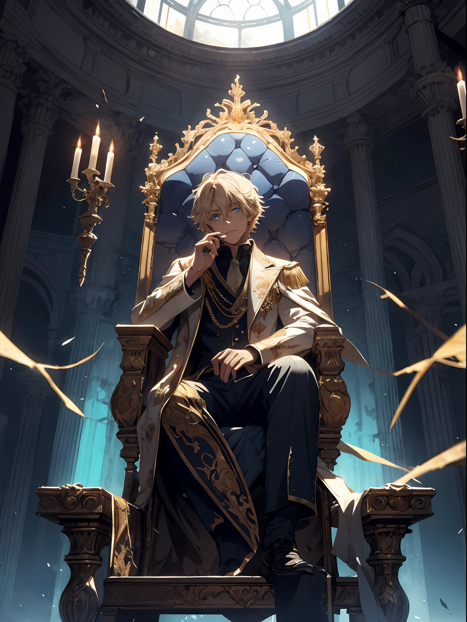 A golden-haired, blue-eyed prince sits on a majestic throne inside an abandoned palace. The environment around him is dark and gloomy, with cracks in the walls and cobwebs hanging there. The throne is ornate, with details in gold and precious stones, and is covered by a dusty cloth. The protagonist is wearing royal clothing, with a yagami expression on his face, as he stares at the horizon with glowing blue eyes, masterpiece, best quality, ultra-detailed, illustration, 8k resolution concept art, fantasy art, epic art, concept art wallpaper 4k, deep color, natural lighting