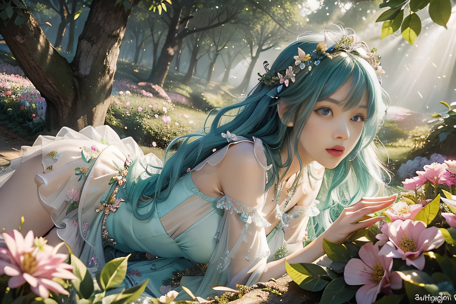 Young fairy in a swirl of falling fuchsia flowers and leaves. butterfly-like wings. She wore a multi-layered ruffled dress in light pink transparent fabric，It has silver decorations on it. Long blue-green messy wavy hair, Floral headdress. She is merging from the swirl of colorful flowers and leaves，These flowers and leaves differ in shape and hue，The shade of green varies。. Magical flower forest as background, Clear day, Sunny, rays of light filtering through the trees. Photorealistic.