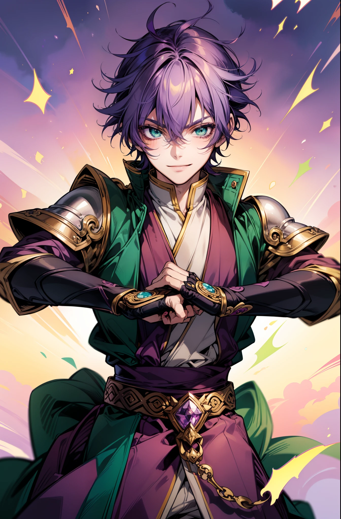 solo, (((anime boy with purple hair))), ((anime androgynous prince)), (green eyes), (playful smile), ((fantasy monk)), (gauntlets), (fist in hand), ((high quality)), (extremely detailed)