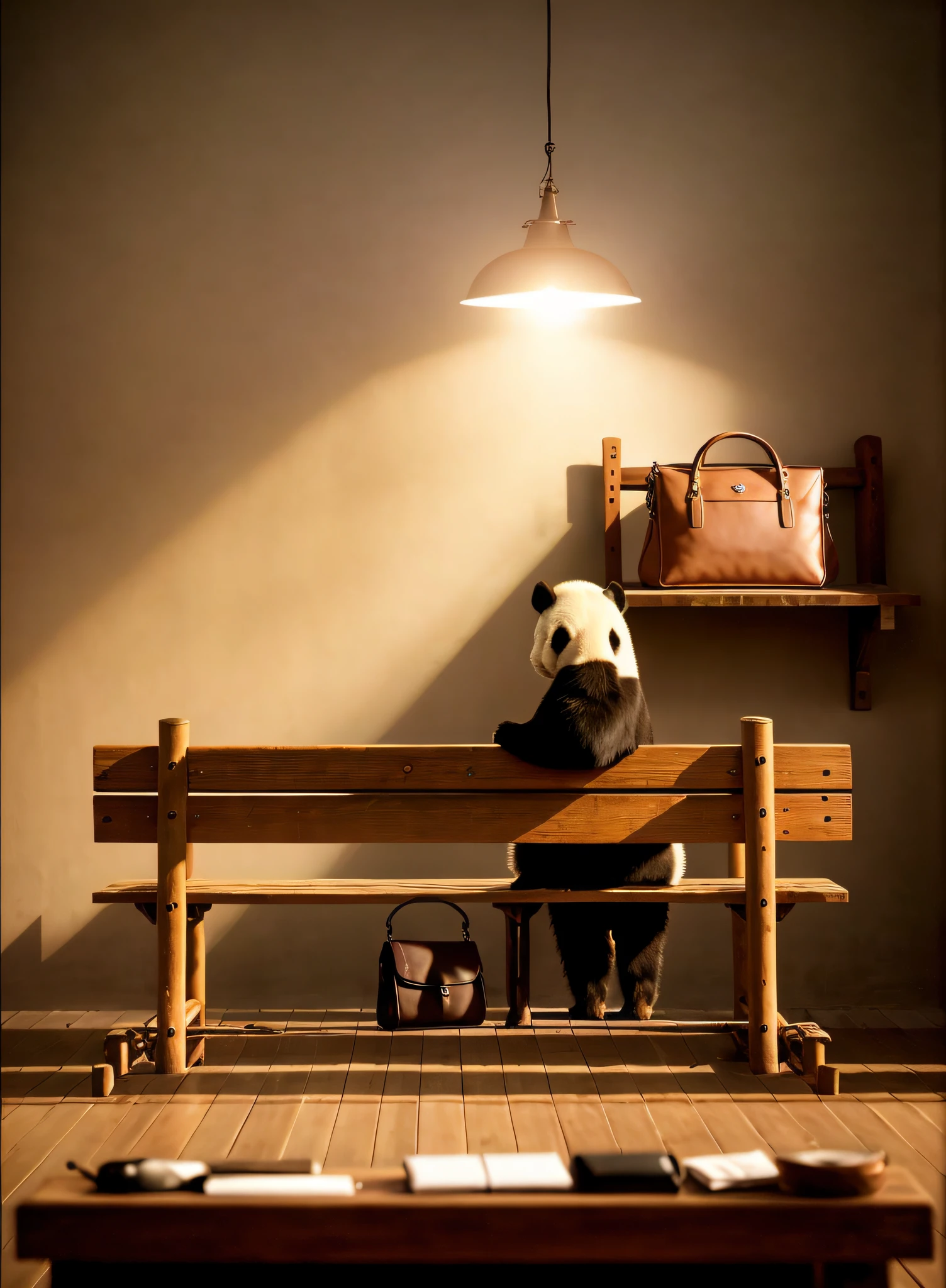 Panda sitting on a bench,Handbag placed under the bench, Business suit,Melancholy looked into the distance,With your back to the camera,wide wide shot,best qualityer, 8K分辨率,Cinematic lighting,best qualityer,Detail light,bamboo forrest,wide wide shot,Side head