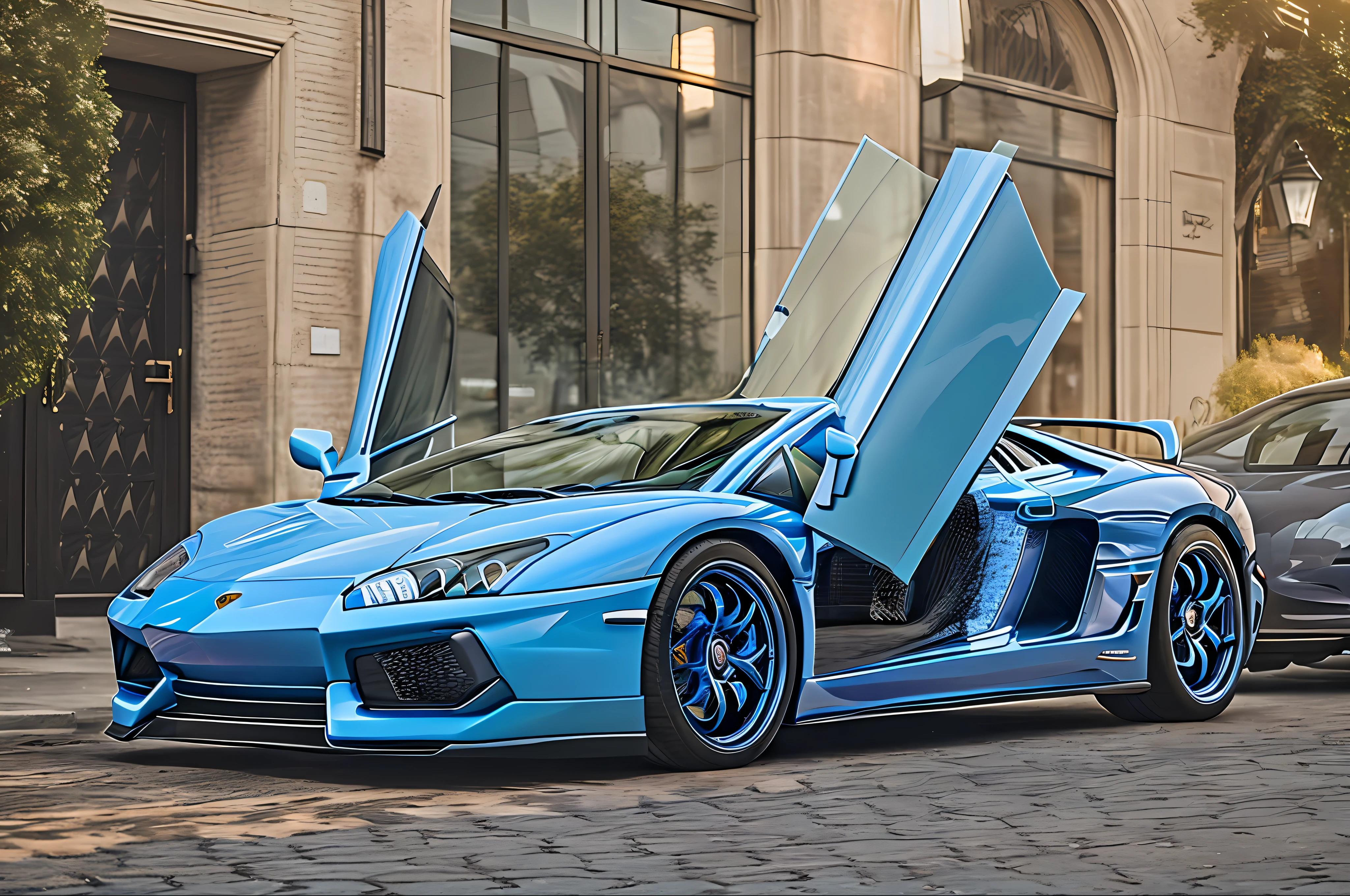 a close up of a blue sports car parked on a city street, lamborghini, bold lamborghini style, supercar, sports car, sky blue, blue tinted, super car, light blue, ice blue, sportcar, lamborghini aventador photoshoot, sport car, pastel blue, blue colored, pink lamborghini aventador, very symmetrical, extremely symmetrical, flaunting his wealth